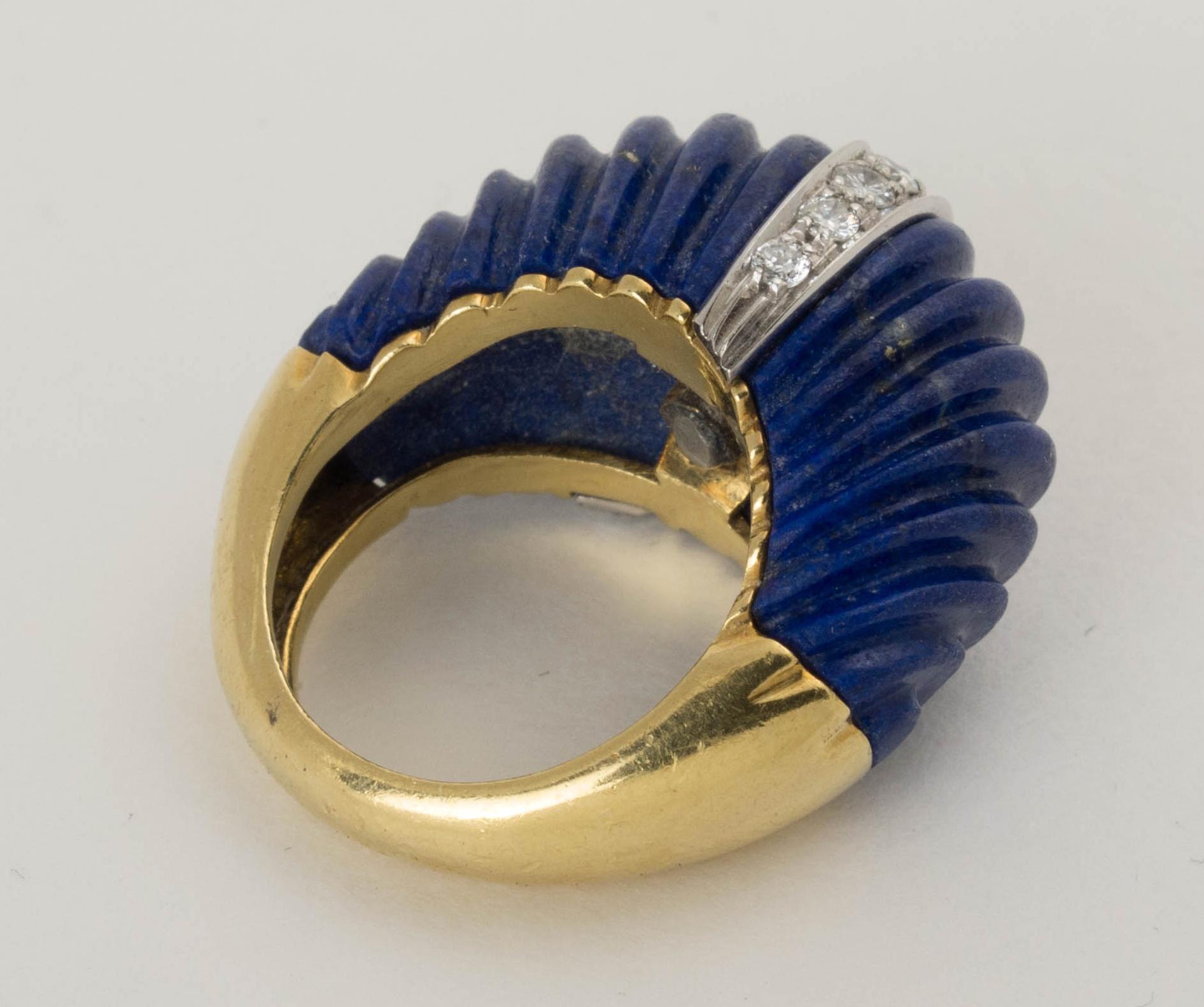 Women's 1980s Carved Lapis and Diamond 18 Karat Gold Dome Ring For Sale