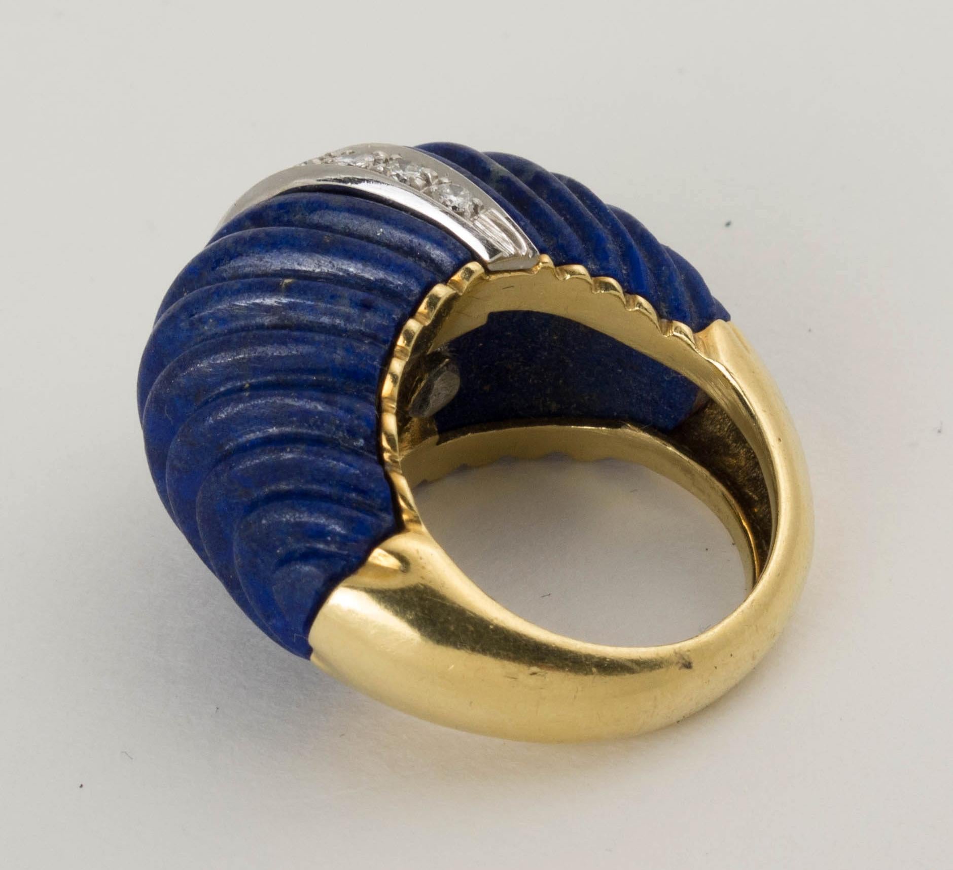 1980s Carved Lapis and Diamond 18 Karat Gold Dome Ring For Sale 1