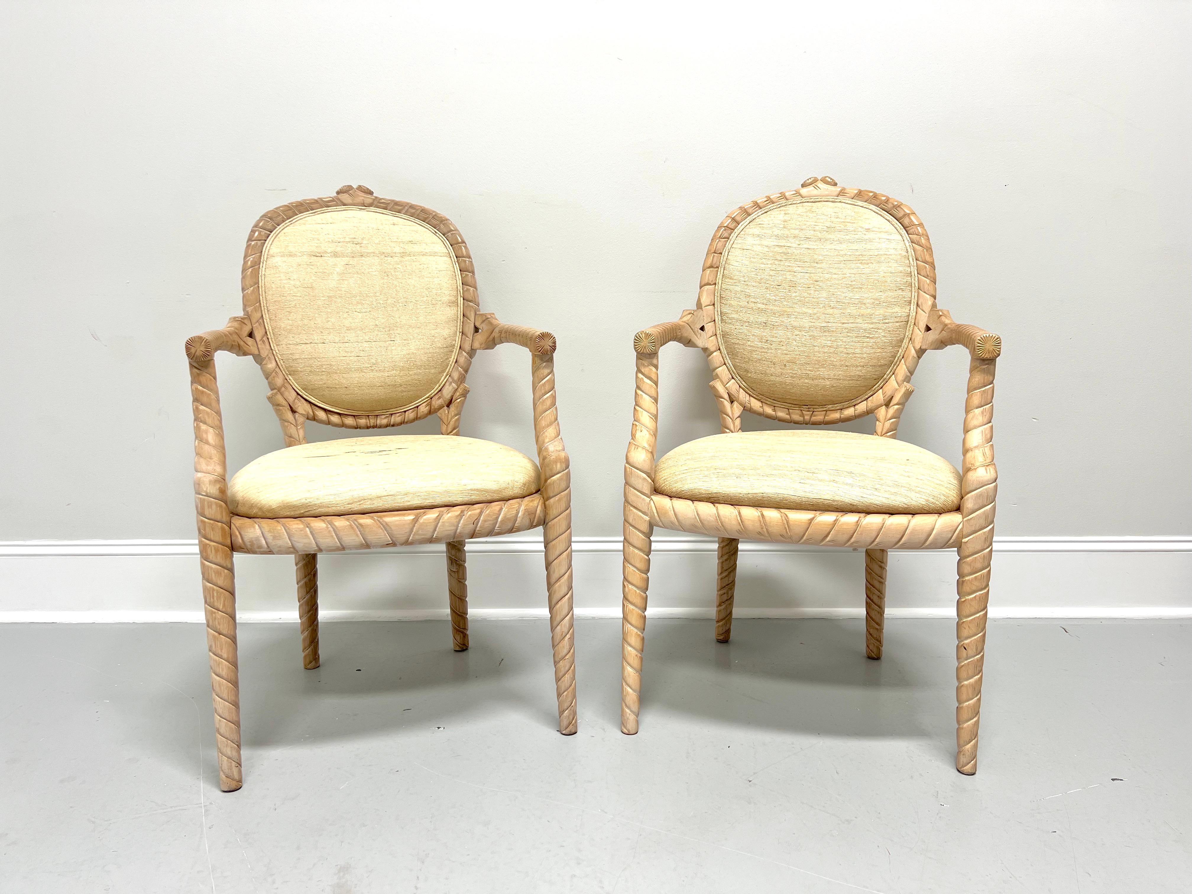 1980's Carved Whitewashed Wood Boho Rope Twist Dining Armchairs - Pair For Sale 5