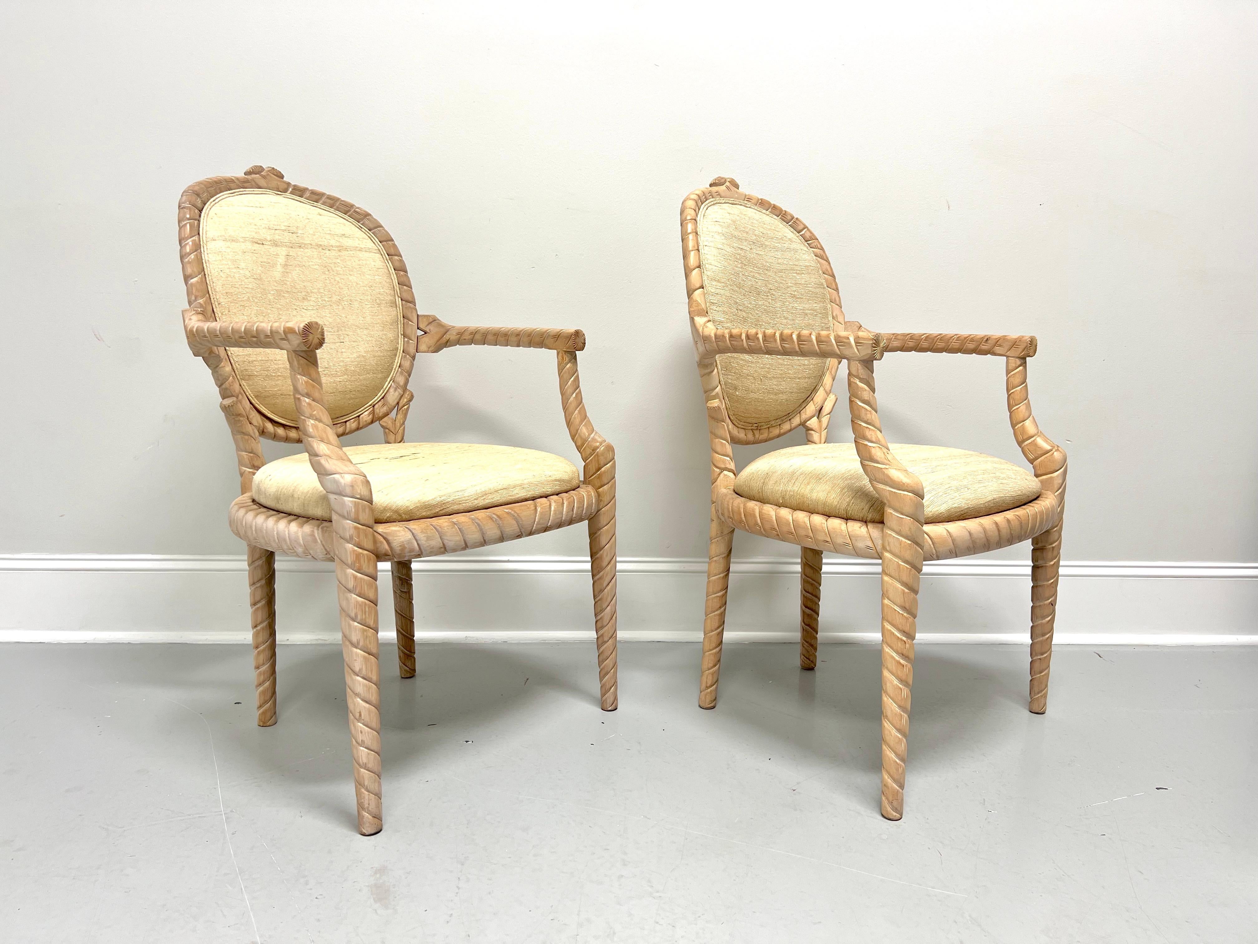 Bohemian 1980's Carved Whitewashed Wood Boho Rope Twist Dining Armchairs - Pair For Sale