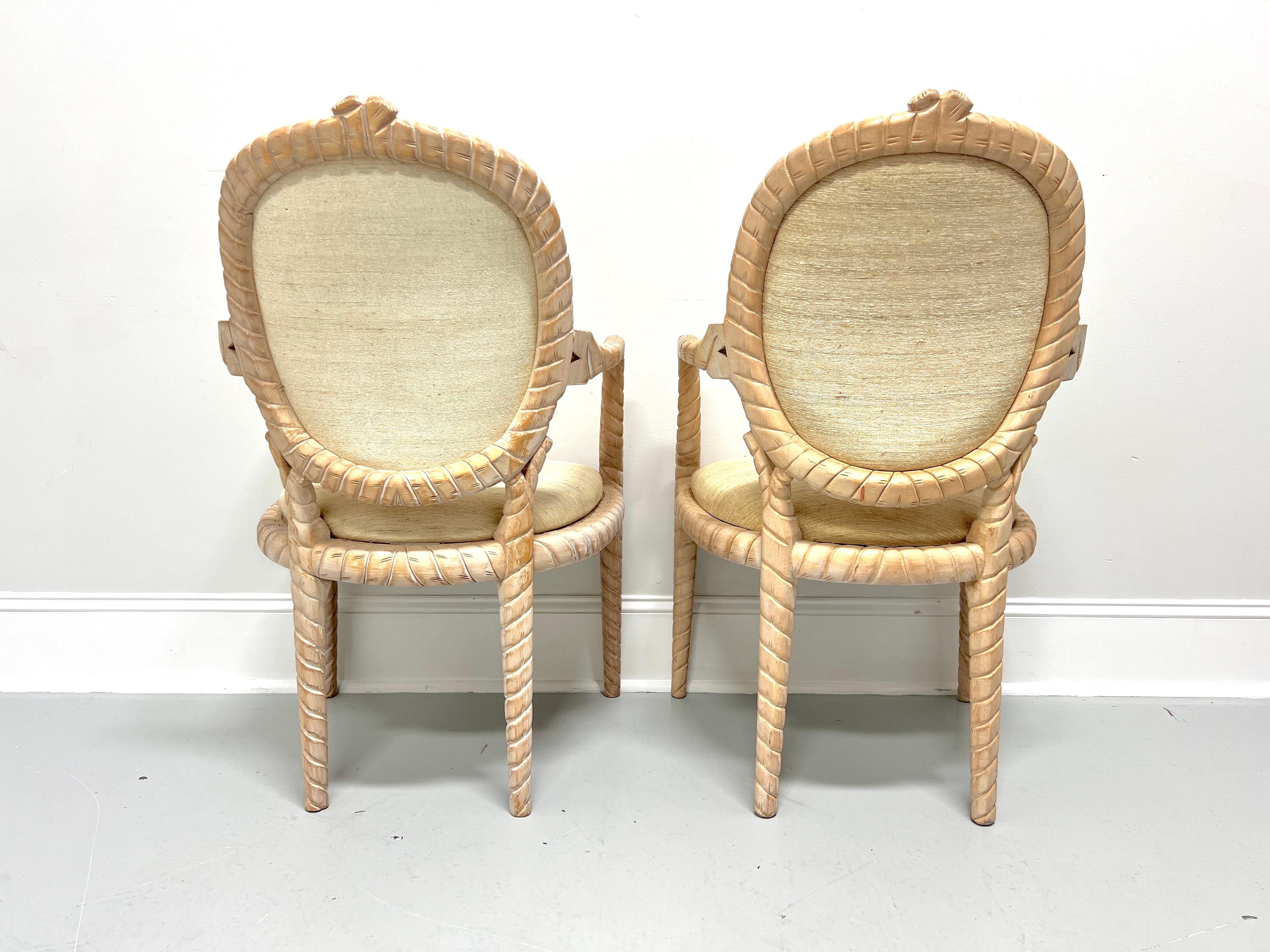 American 1980's Carved Whitewashed Wood Boho Rope Twist Dining Armchairs - Pair For Sale