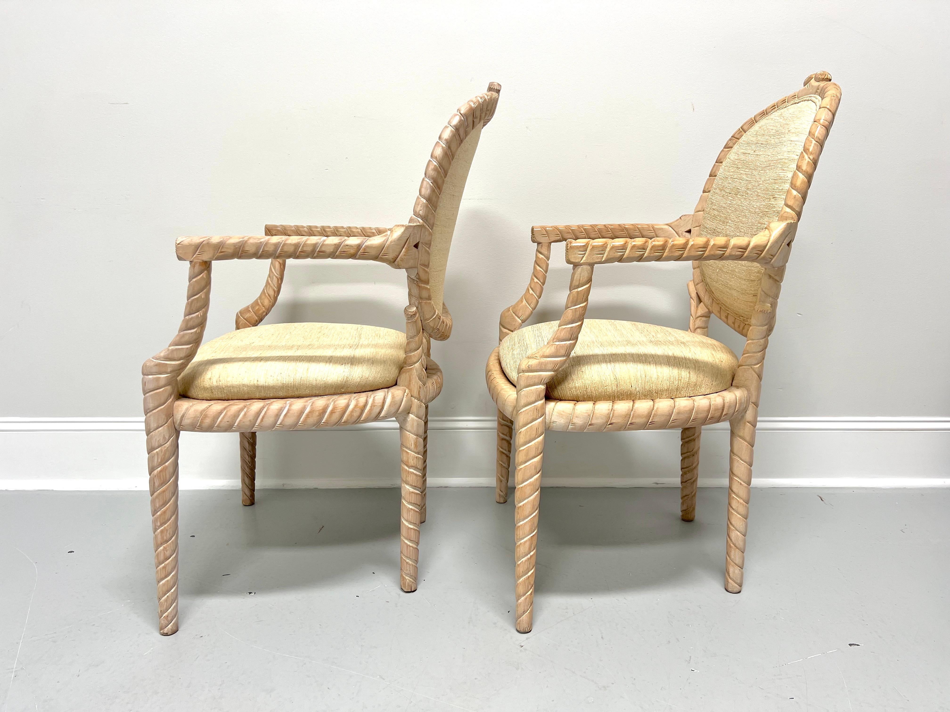 1980's Carved Whitewashed Wood Boho Rope Twist Dining Armchairs - Pair In Good Condition For Sale In Charlotte, NC