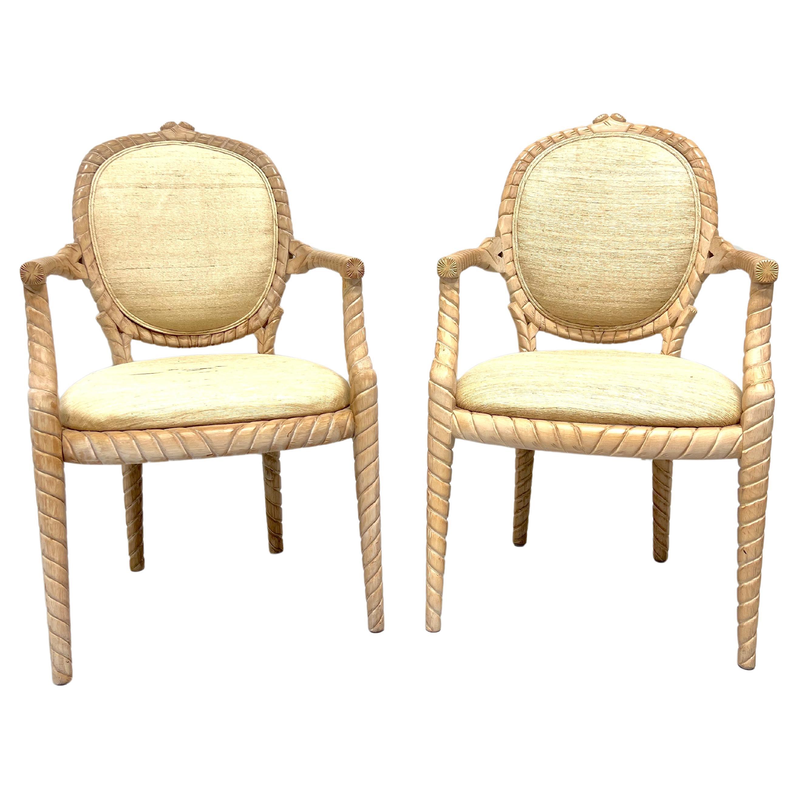 1980's Carved Whitewashed Wood Boho Rope Twist Dining Armchairs - Pair For Sale