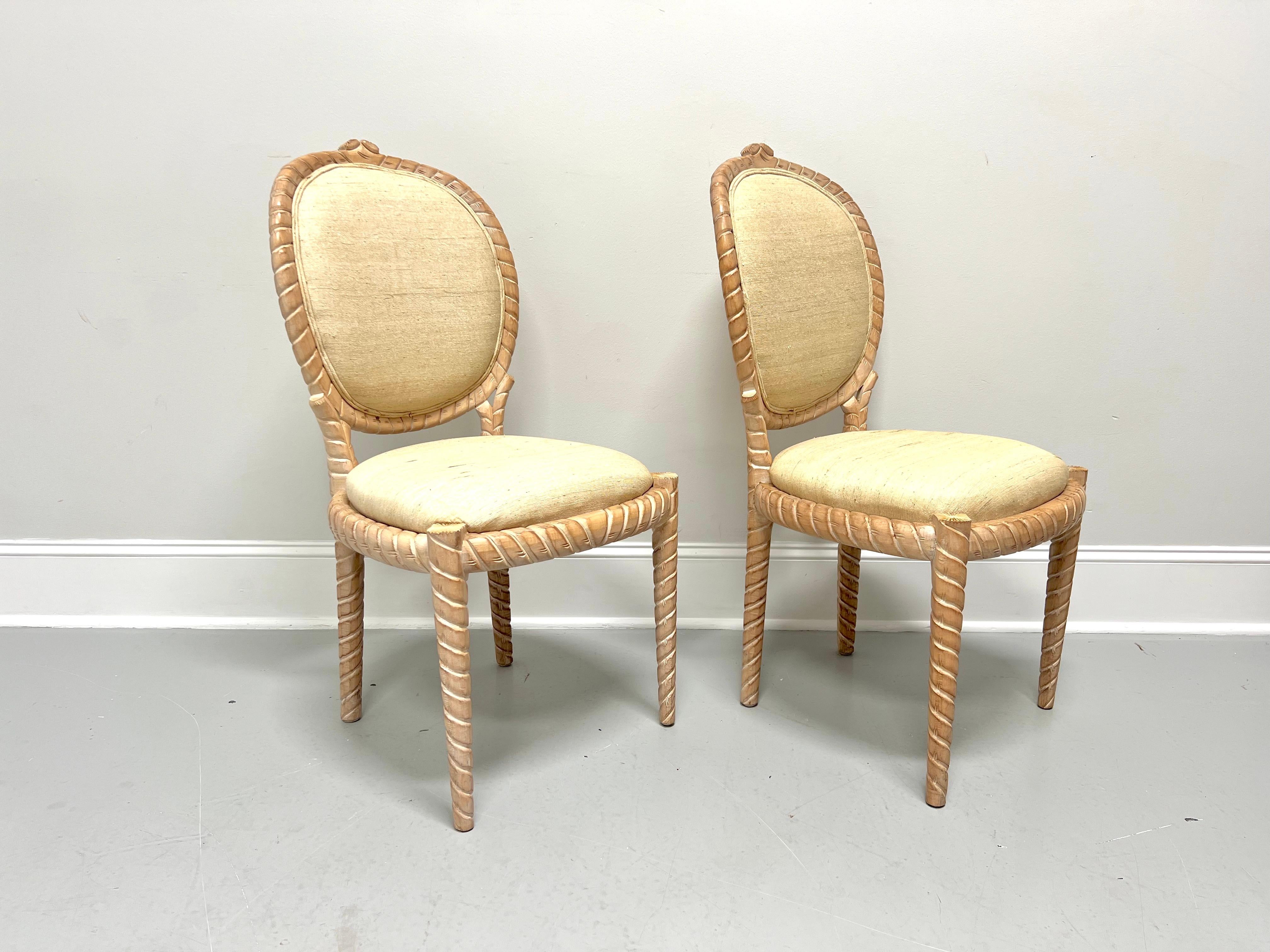 Bohemian 1980's Carved Whitewashed Wood Boho Rope Twist Dining Side Chairs - Pair A For Sale