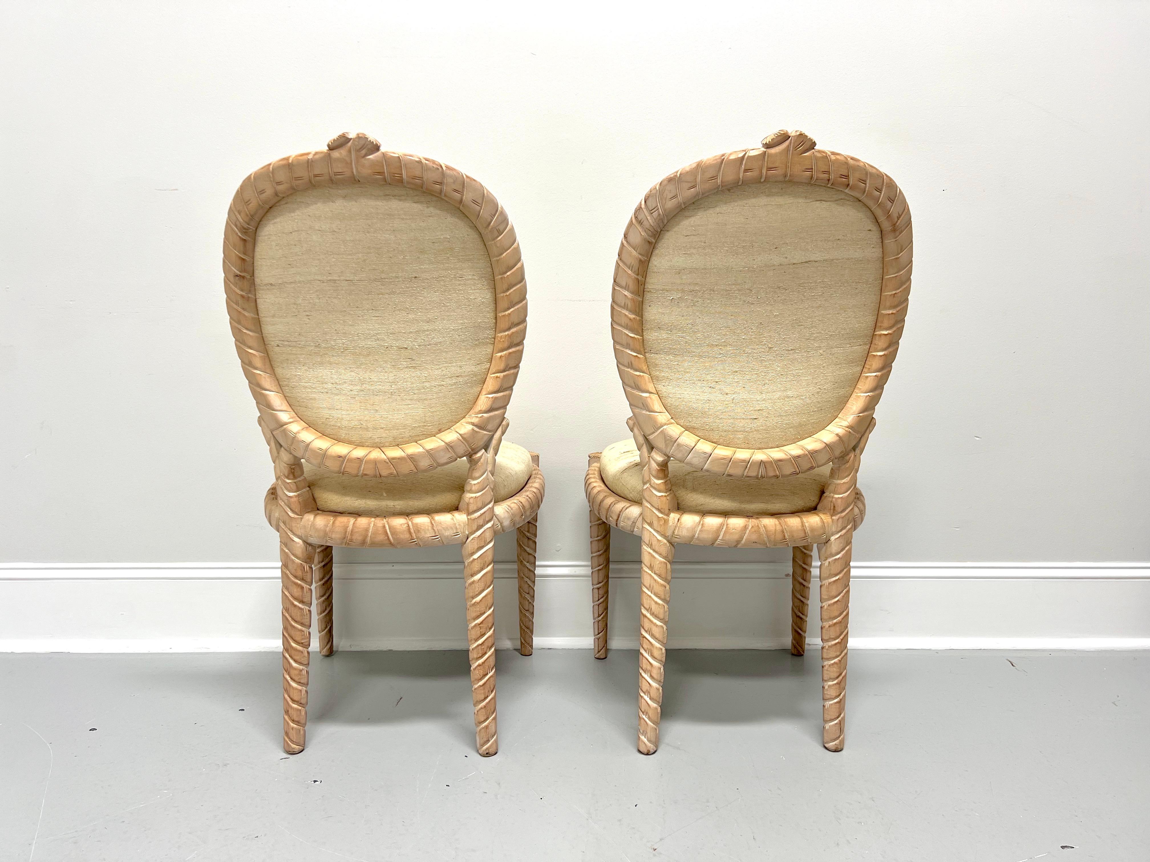 American 1980's Carved Whitewashed Wood Boho Rope Twist Dining Side Chairs - Pair A For Sale