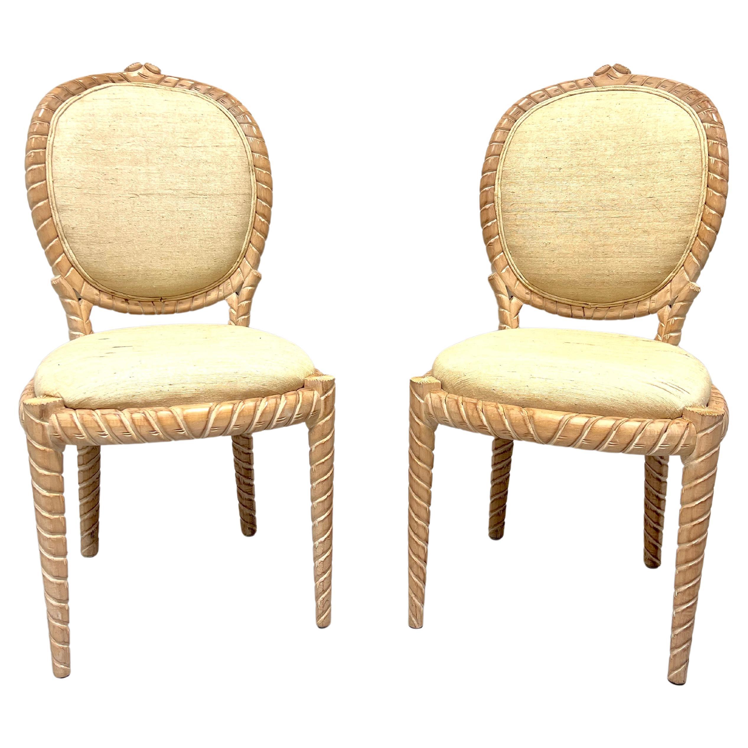 1980's Carved Whitewashed Wood Boho Rope Twist Dining Side Chairs - Pair A For Sale