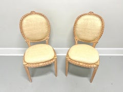1980's Carved Whitewashed Wood Boho Rope Twist Dining Side Chairs - Pair B
