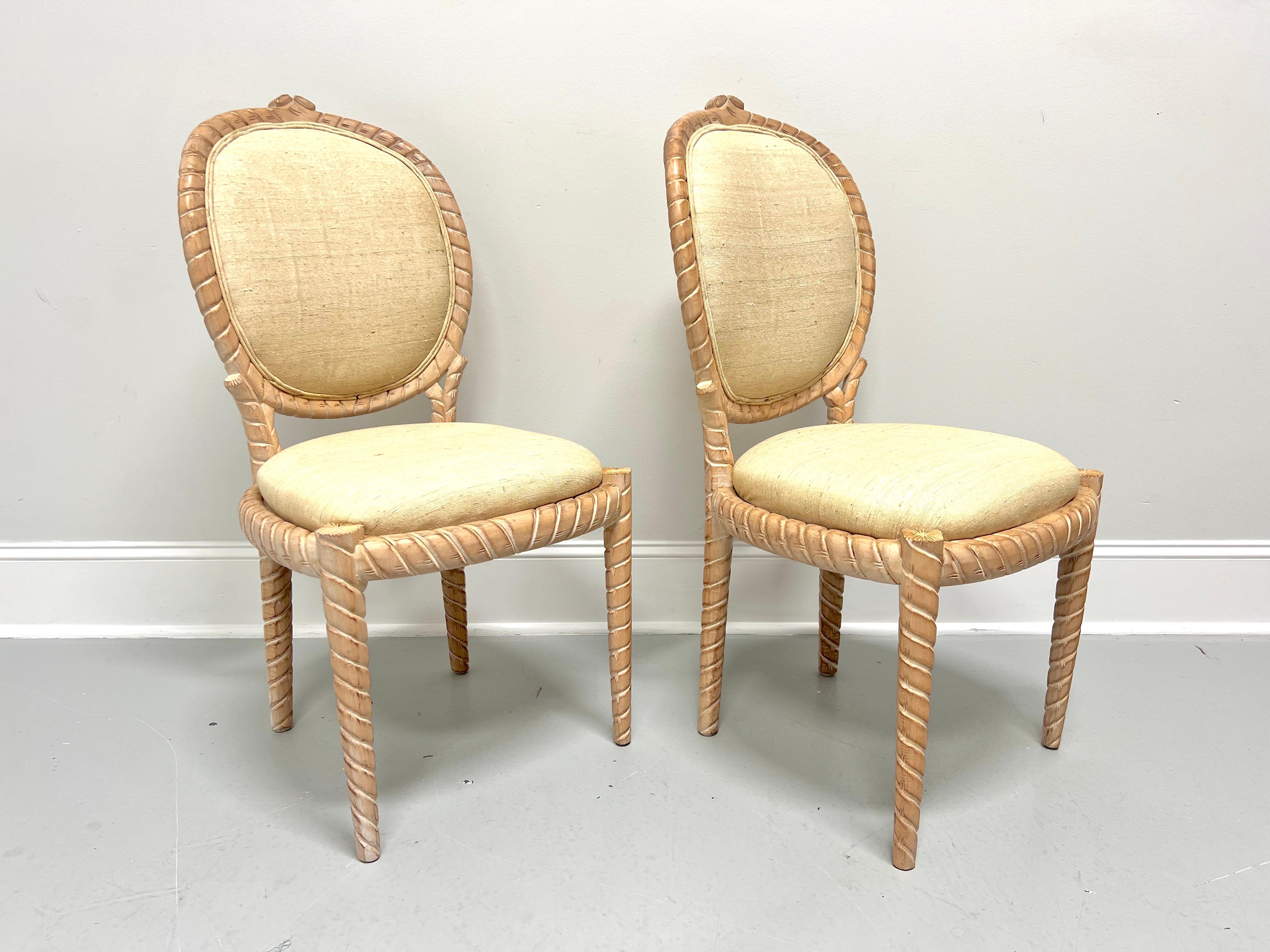 Bohemian 1980's Carved Whitewashed Wood Boho Rope Twist Dining Side Chairs - Pair B For Sale