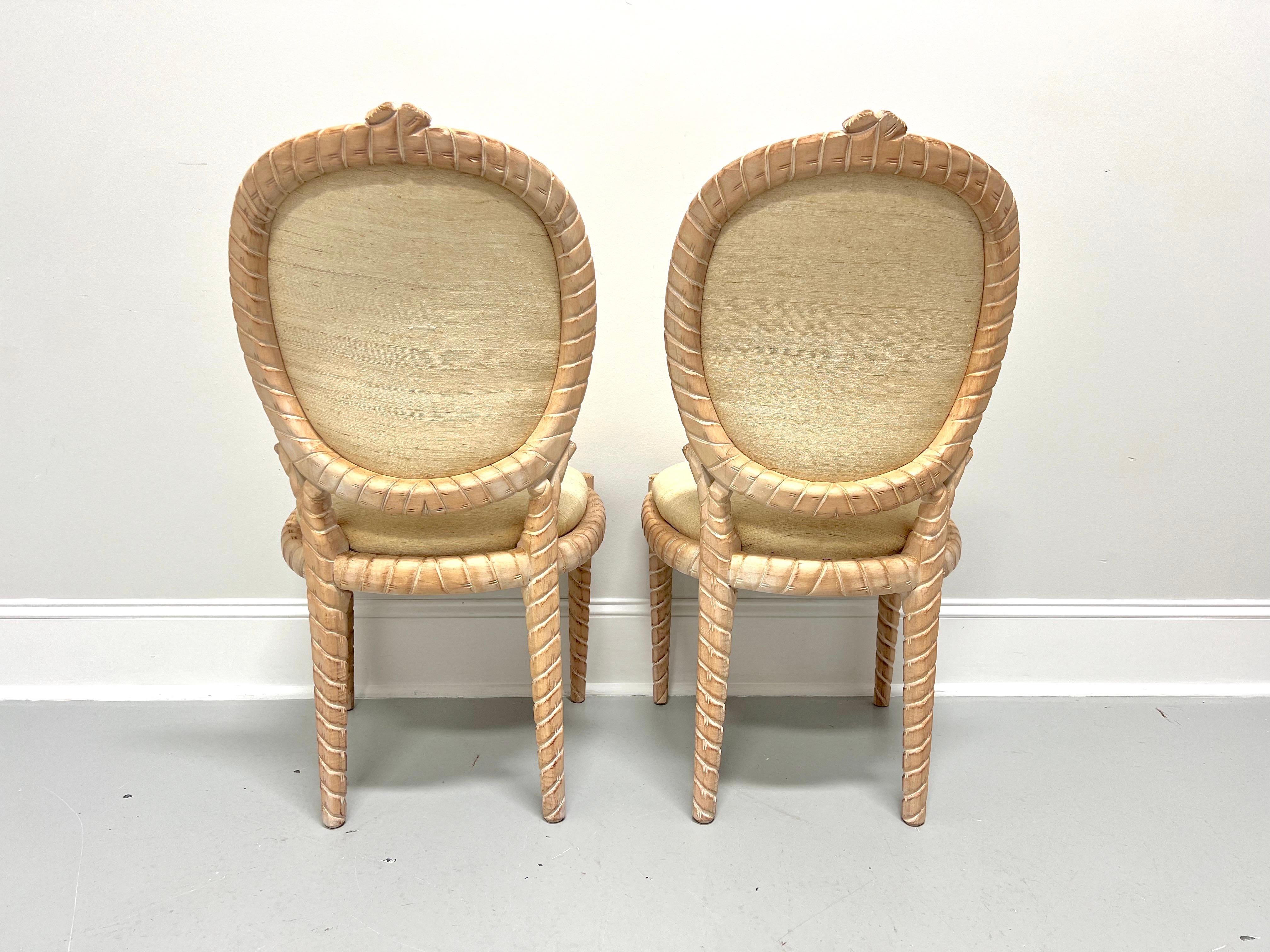 American 1980's Carved Whitewashed Wood Boho Rope Twist Dining Side Chairs - Pair B For Sale