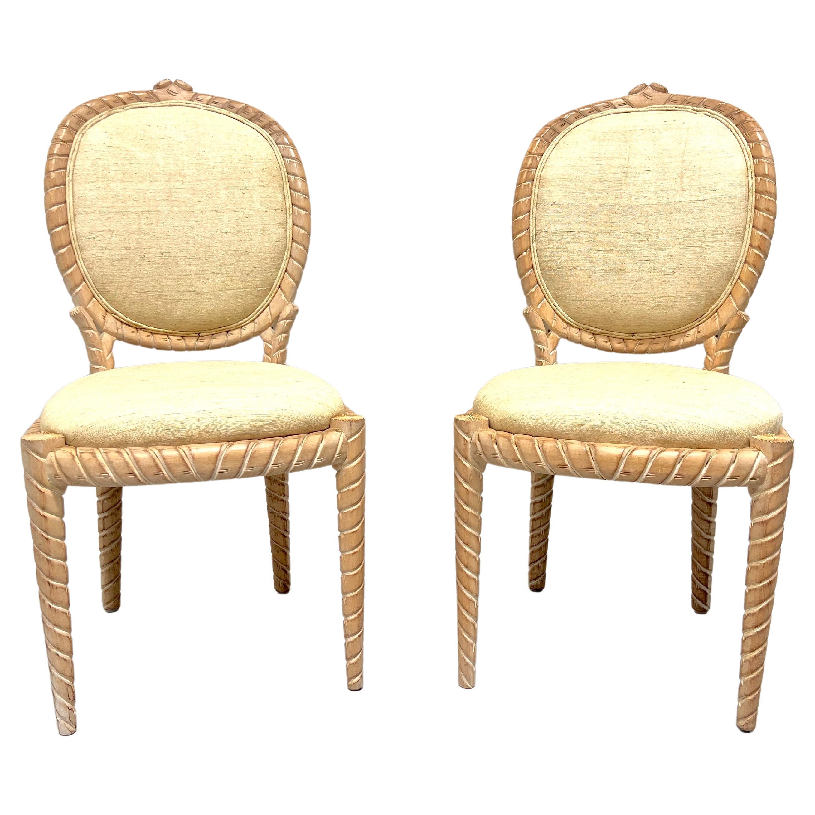 1980's Carved Whitewashed Wood Boho Rope Twist Dining Side Chairs - Pair B For Sale