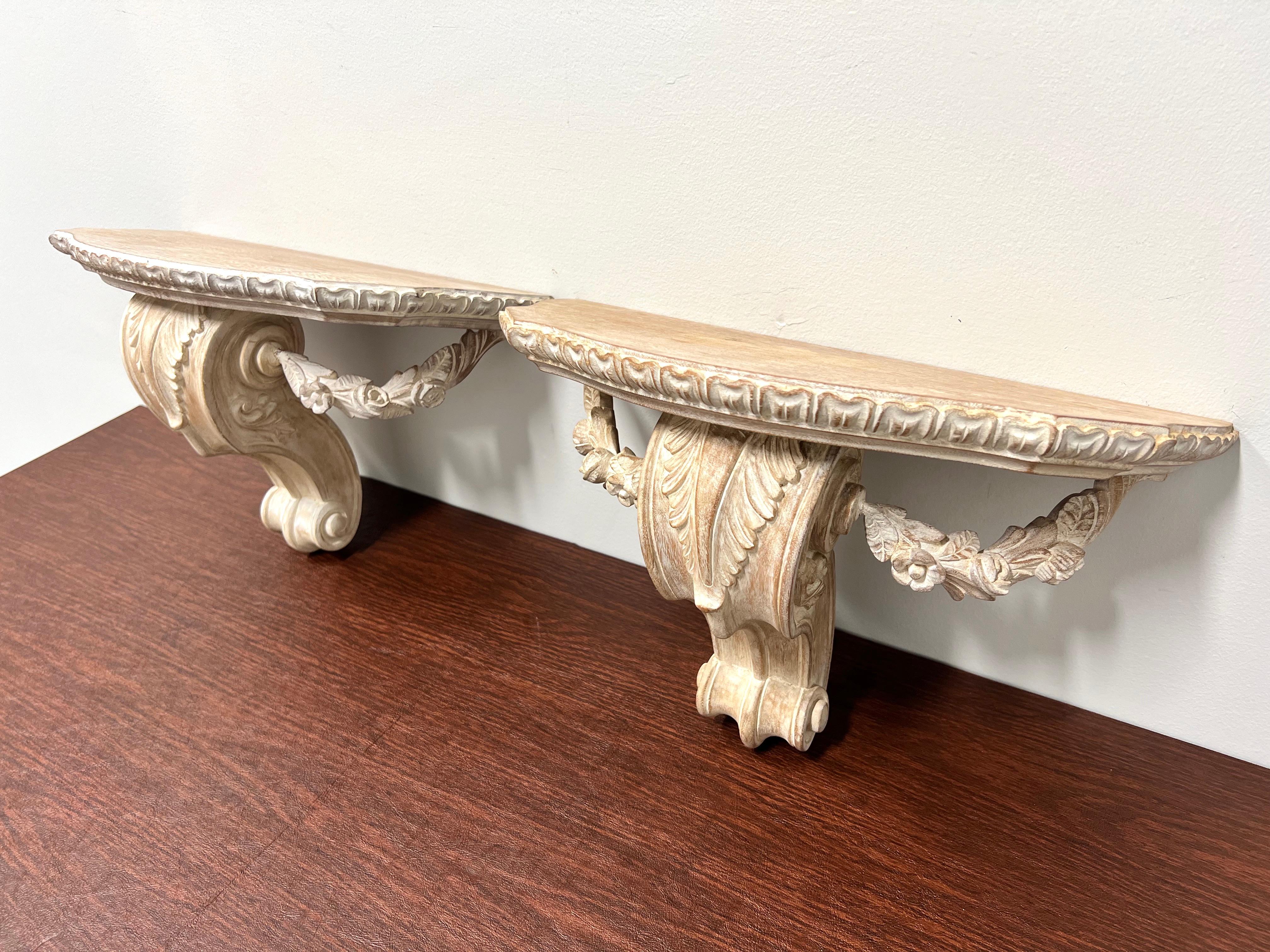 Rococo 1980's Carved Whitewashed Wood Wall Bracket Shelves - Pair For Sale