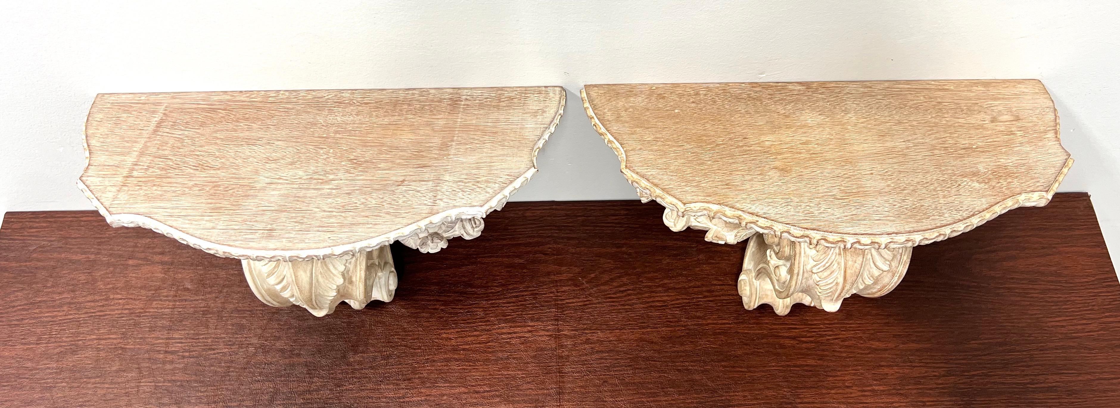 American 1980's Carved Whitewashed Wood Wall Bracket Shelves - Pair For Sale