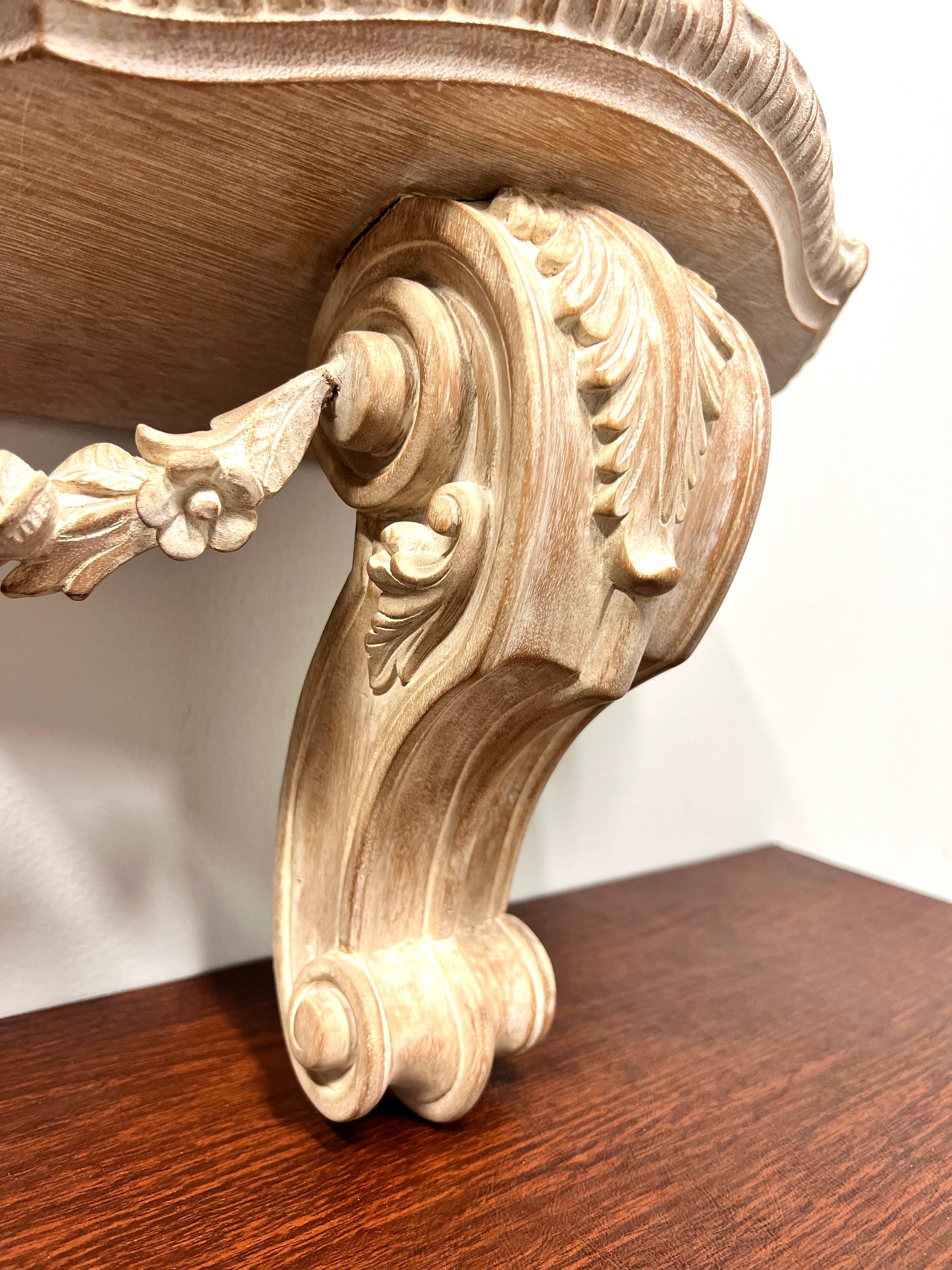 1980's Carved Whitewashed Wood Wall Bracket Shelves - Pair In Good Condition For Sale In Charlotte, NC