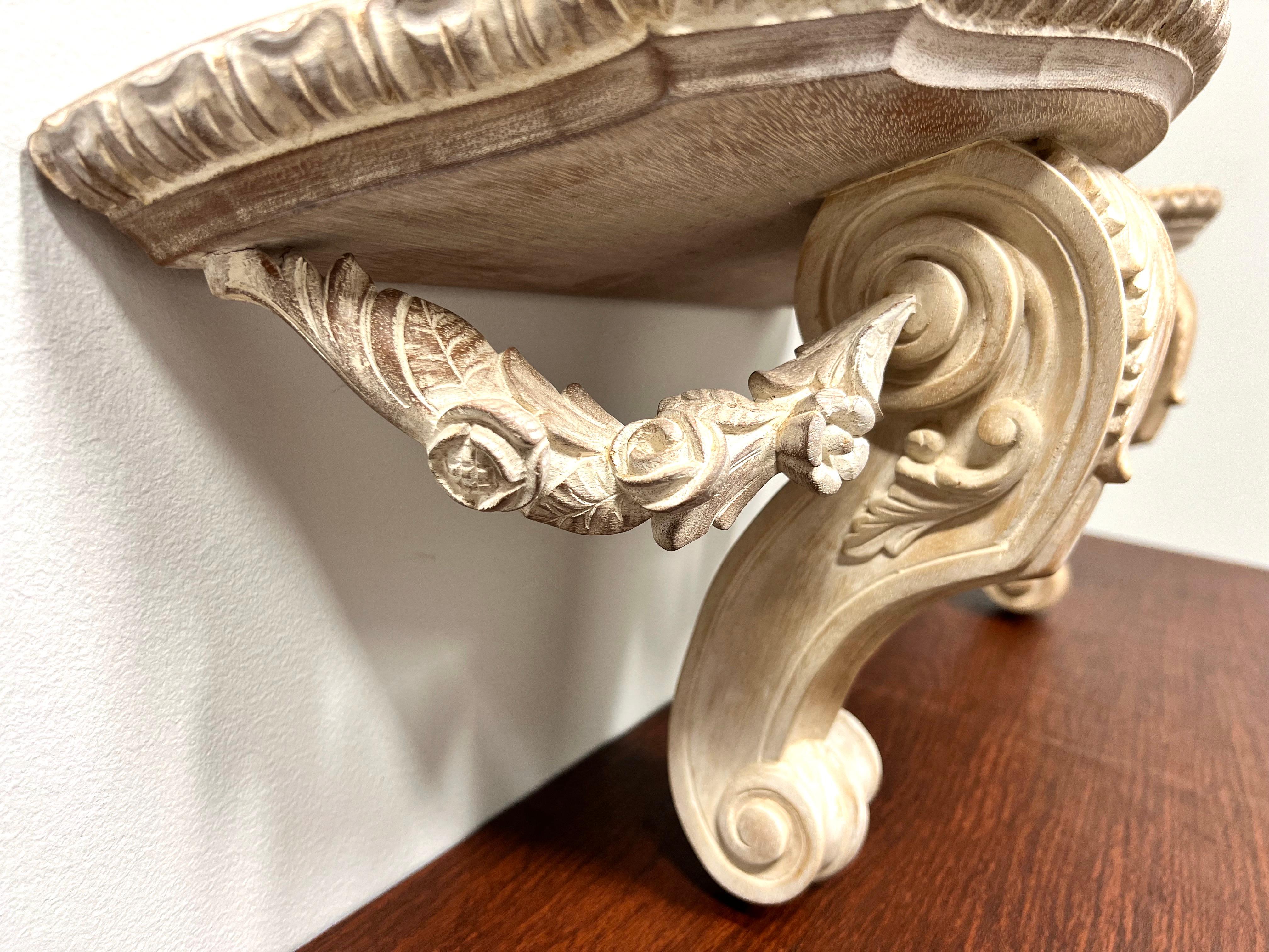Brass 1980's Carved Whitewashed Wood Wall Bracket Shelves - Pair For Sale