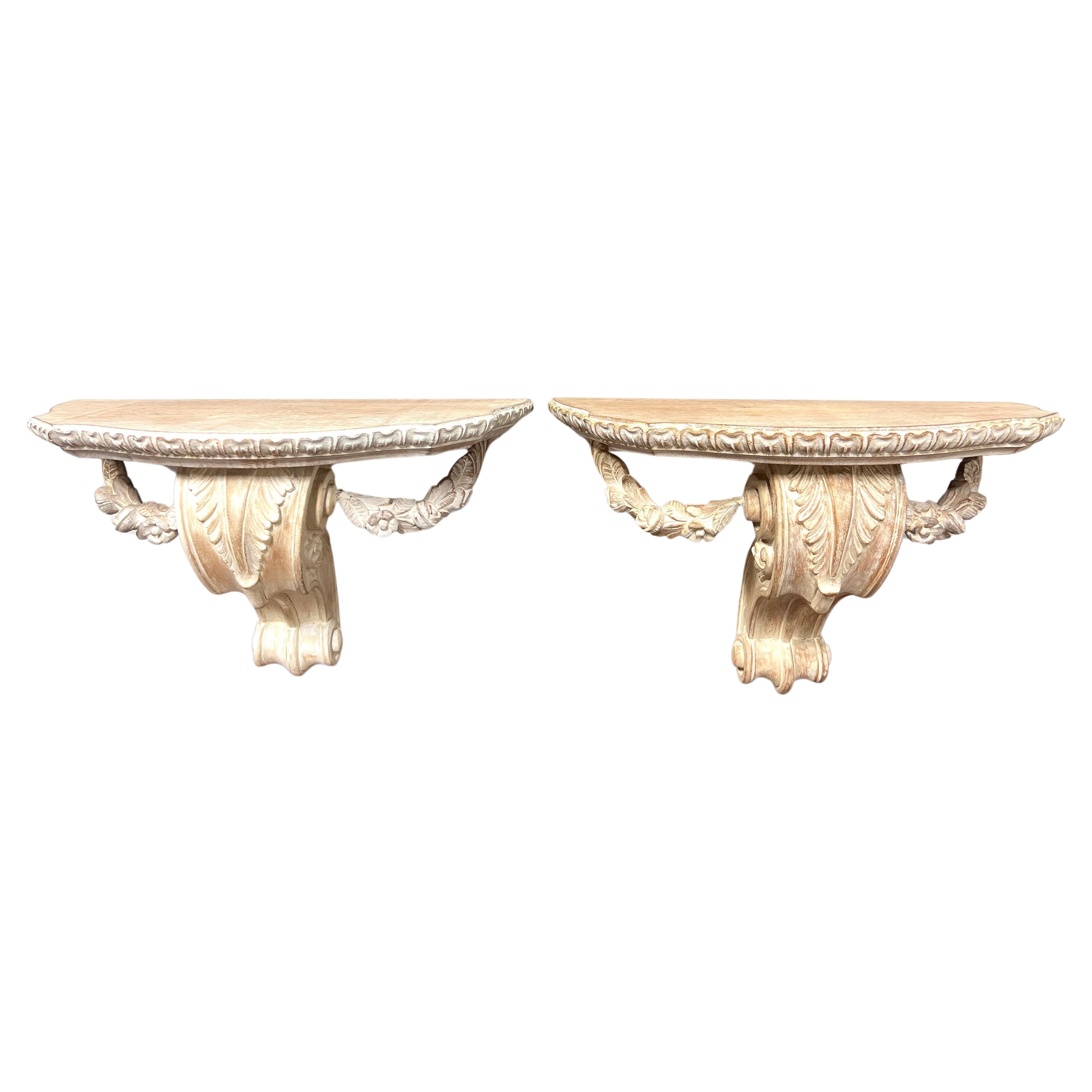 1980's Carved Whitewashed Wood Wall Bracket Shelves - Pair