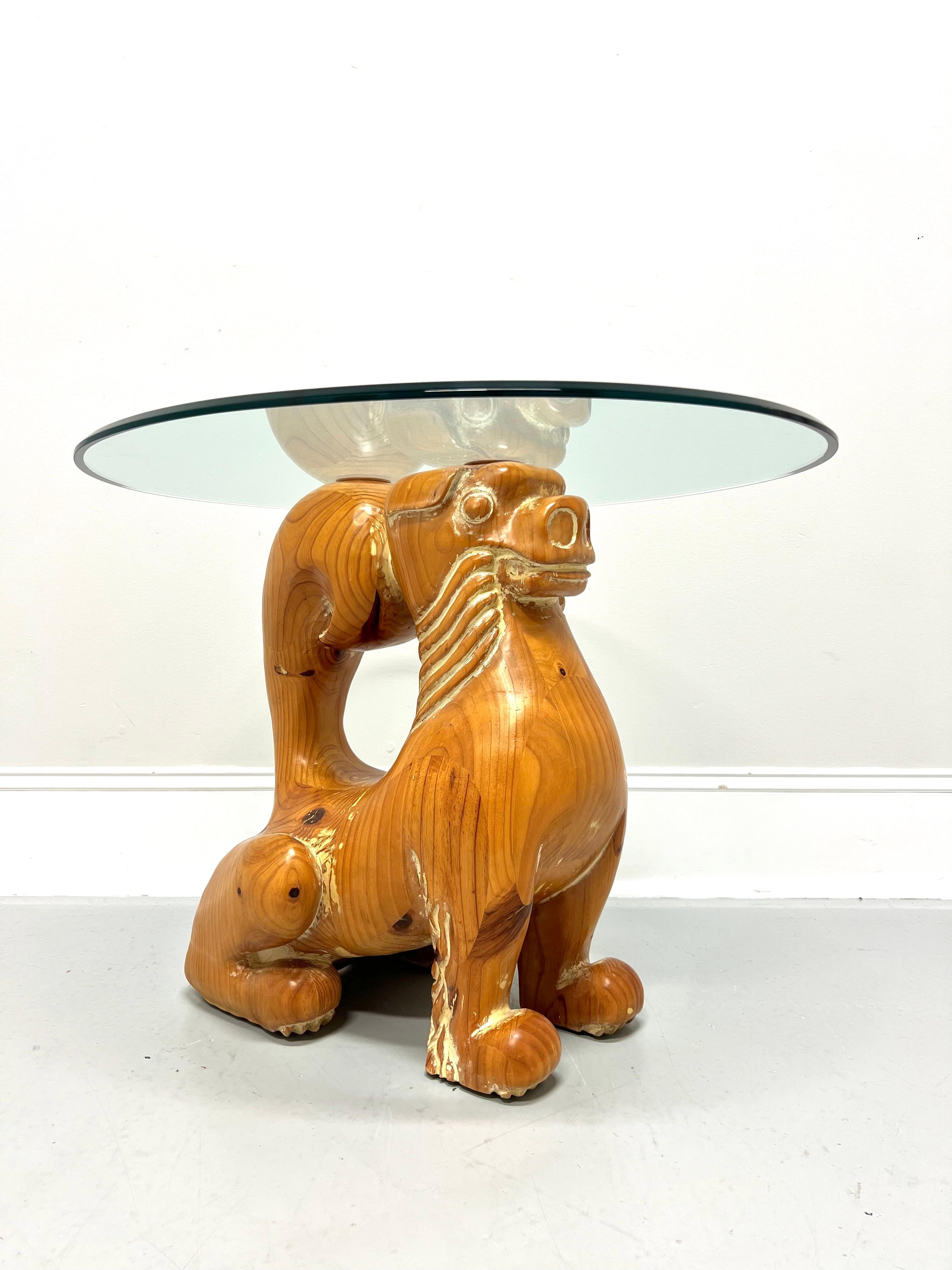 1980's Carved Wood Foo Dog Guardian Lion Glass Top Accent Table For Sale 3