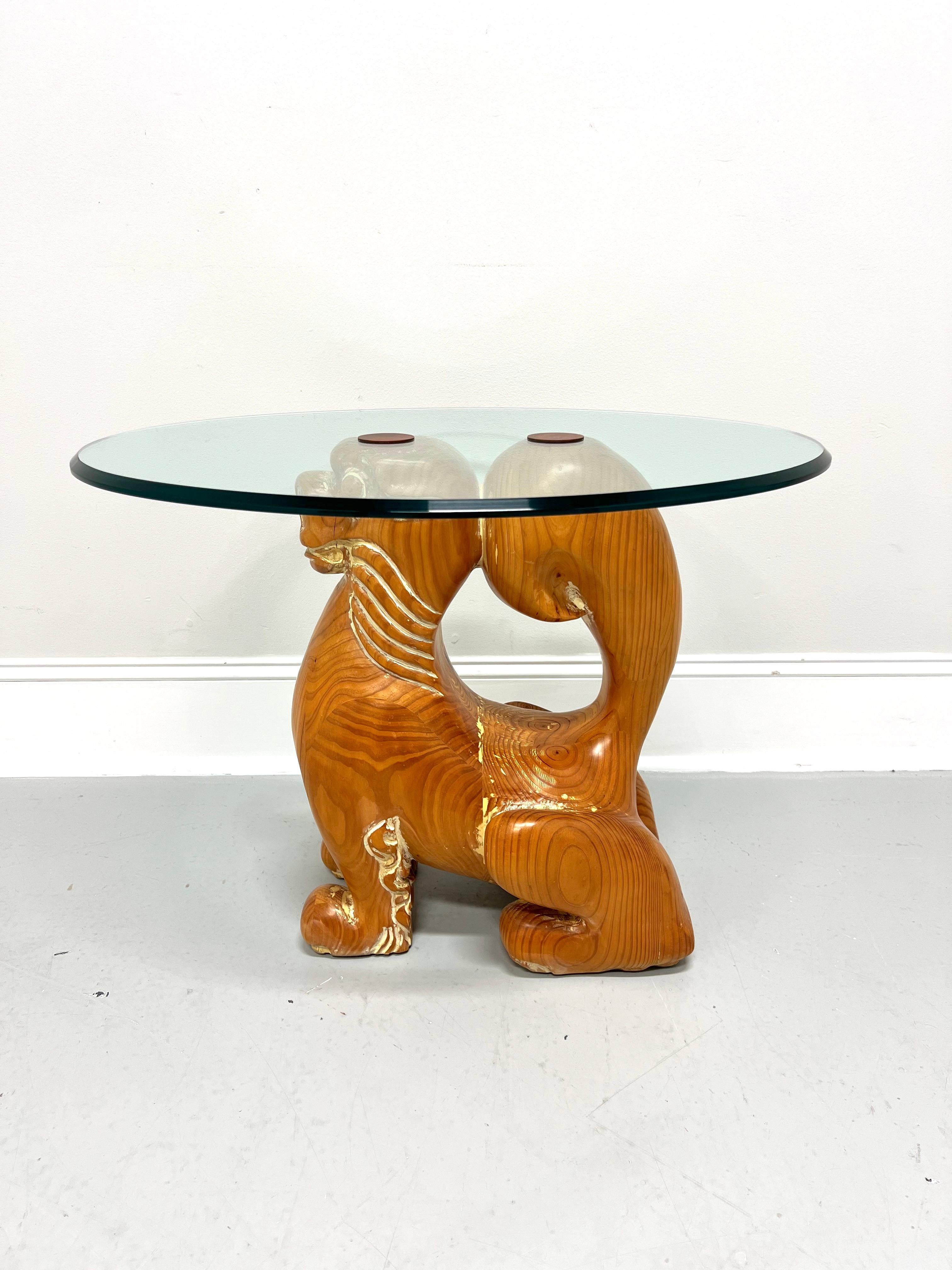 Chinoiserie 1980's Carved Wood Foo Dog Guardian Lion Glass Top Accent Table For Sale