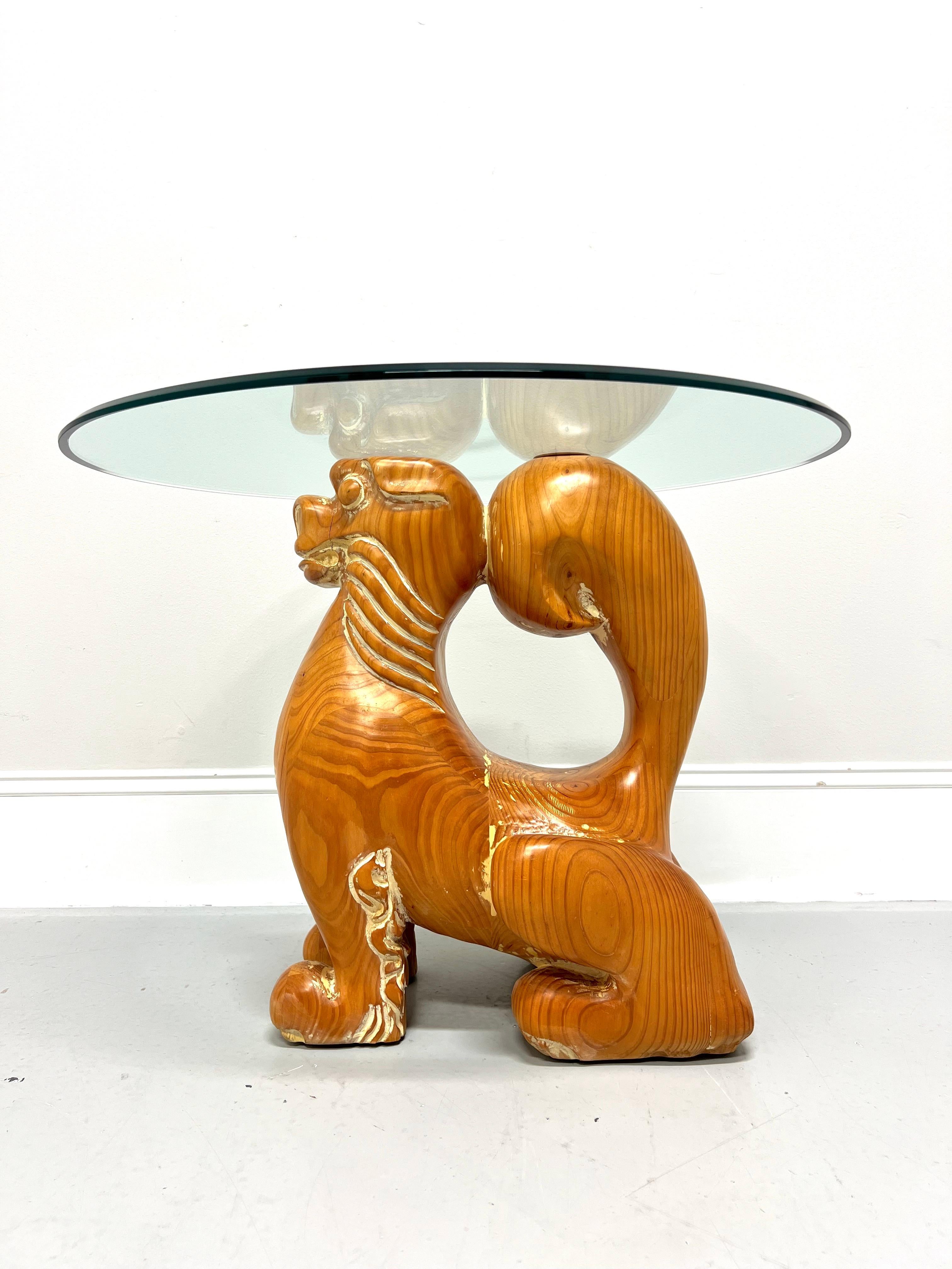 Chinese 1980's Carved Wood Foo Dog Guardian Lion Glass Top Accent Table For Sale