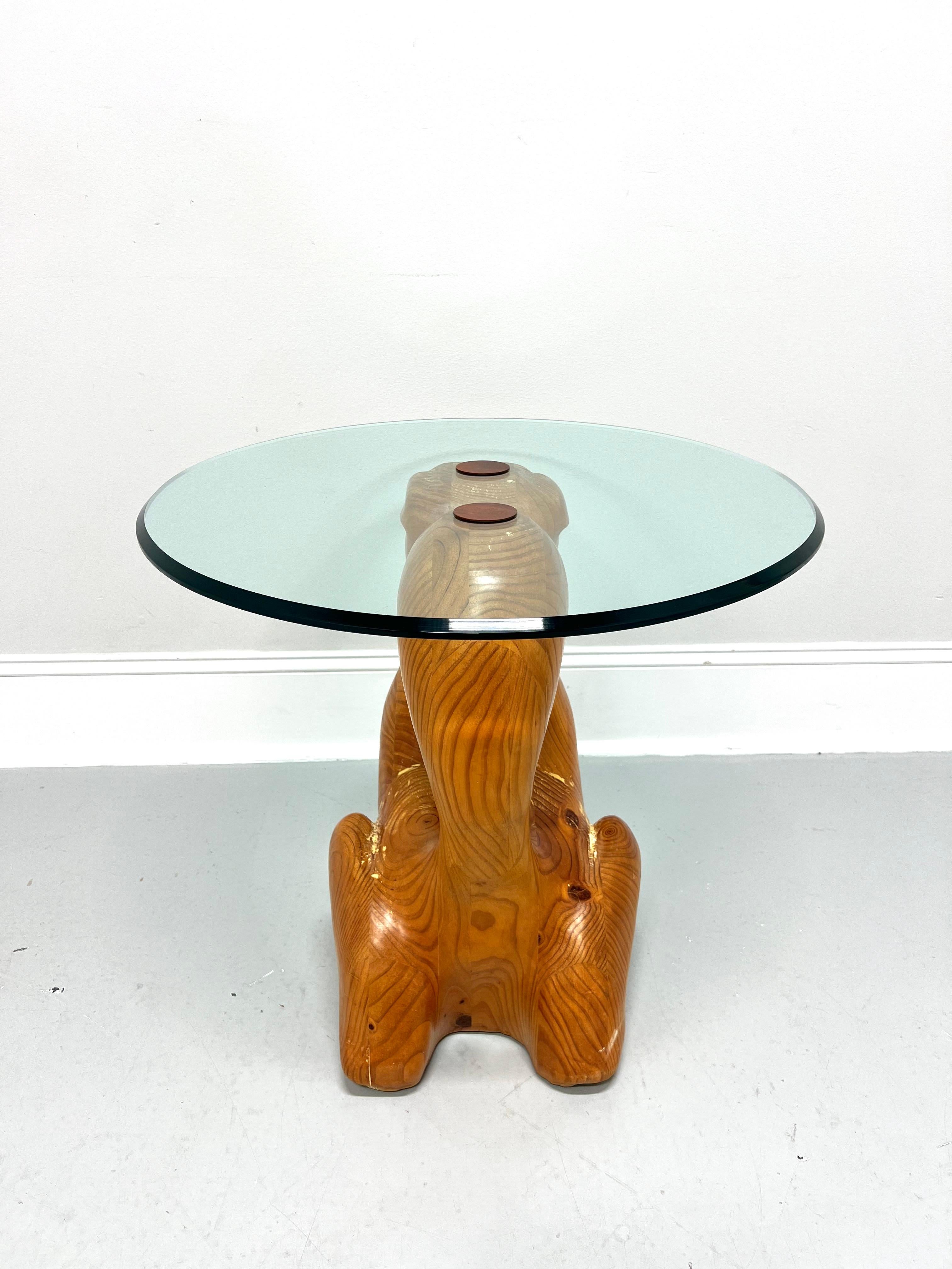 1980's Carved Wood Foo Dog Guardian Lion Glass Top Accent Table In Good Condition For Sale In Charlotte, NC