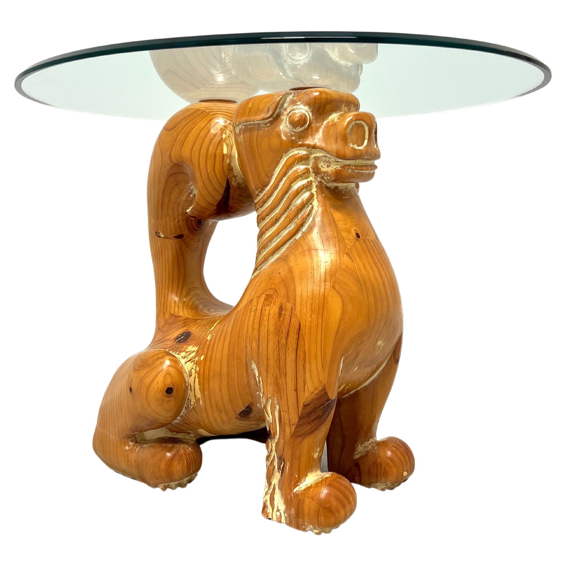 1980er Jahre geschnitzt Holz Foo Hund Guardian Lion Glasplatte Akzent Tisch