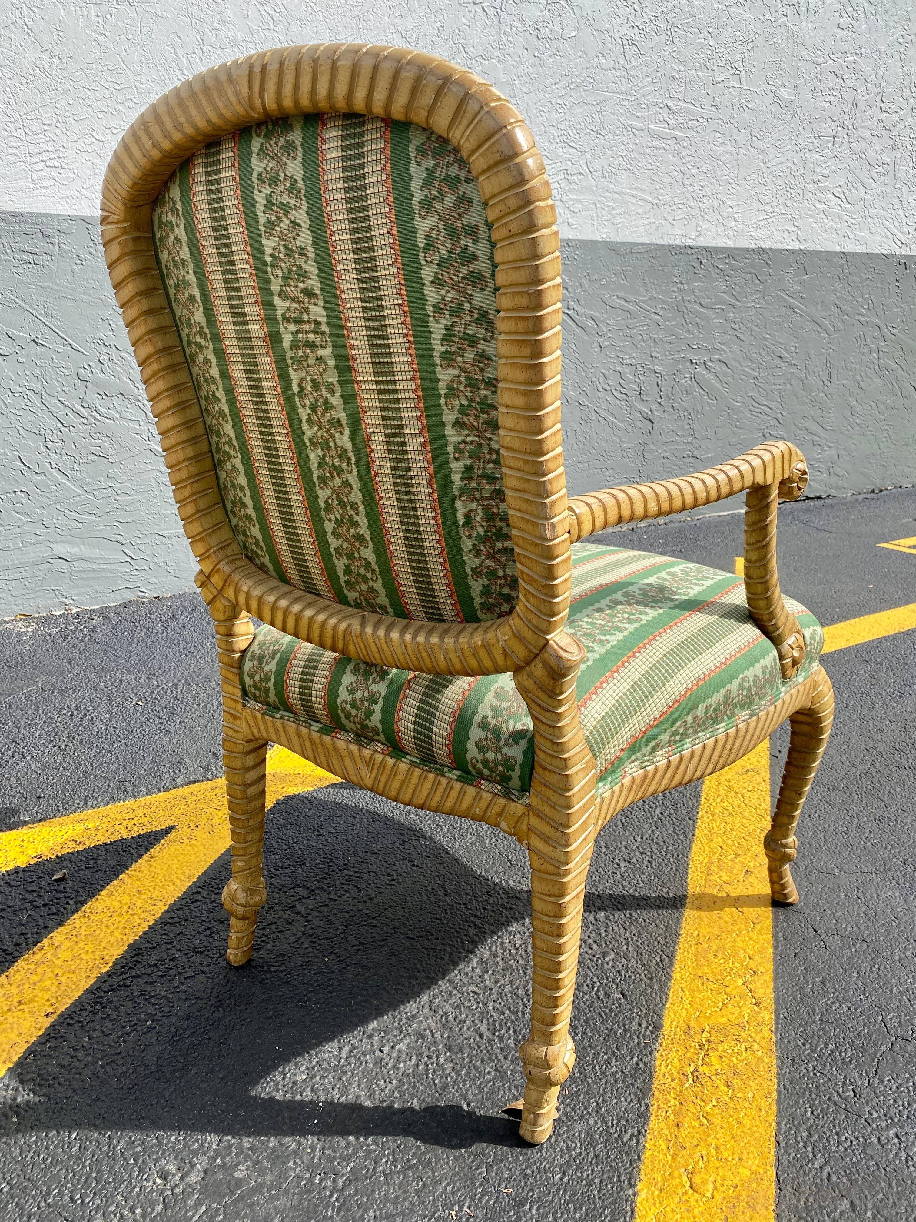 1980s Carved Wood Rope Green Bergere  Armchairs, Set of 2 For Sale 3