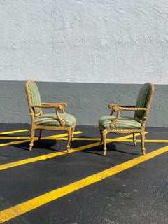 1980s Carved Wood Rope Green Bergere  Armchairs, Set of 2