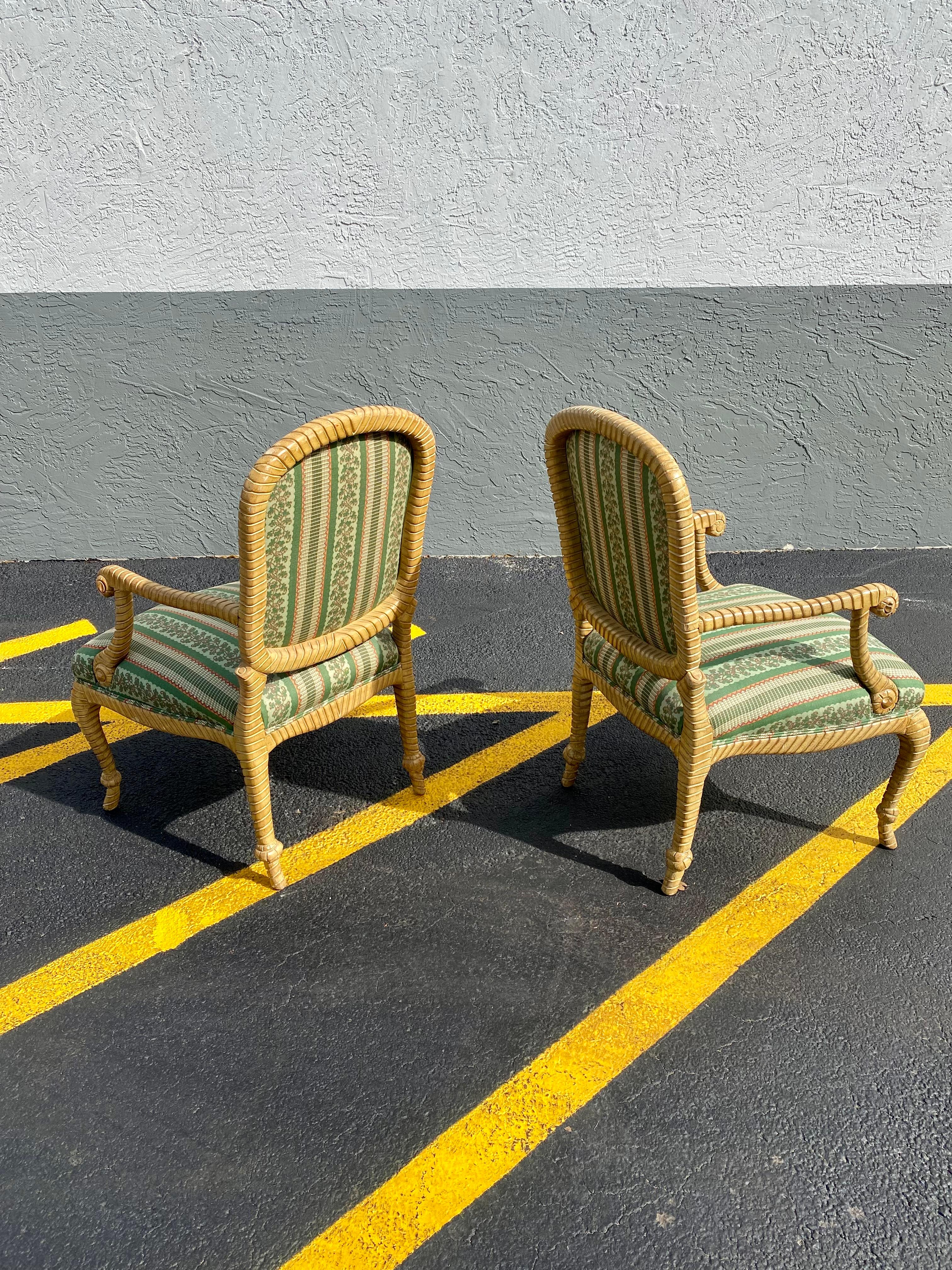 1980s Carved Wood Rope Green Bergere  Armchairs, Set of 2 In Good Condition For Sale In Fort Lauderdale, FL