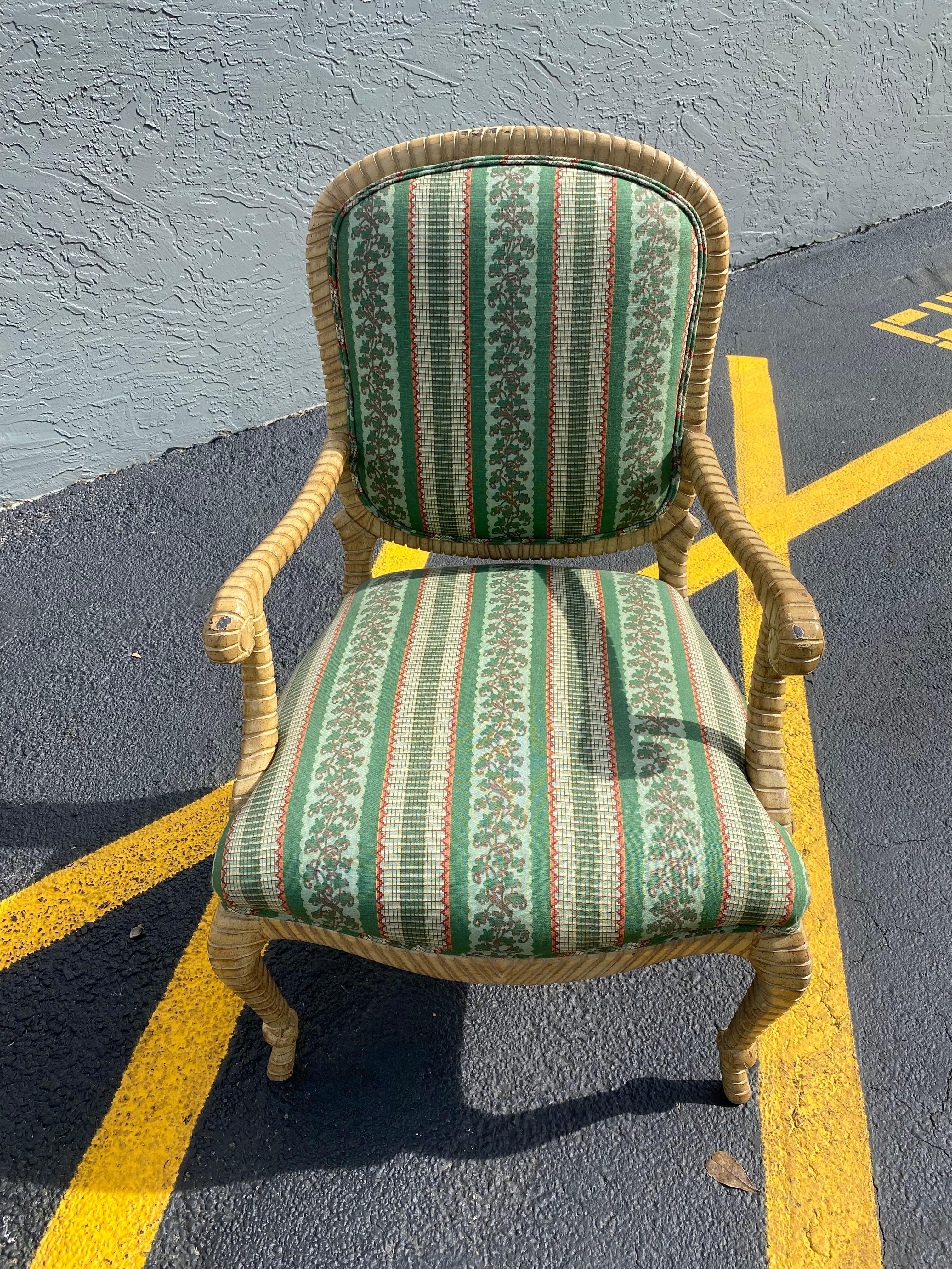 Upholstery 1980s Carved Wood Rope Green Bergere  Armchairs, Set of 2 For Sale