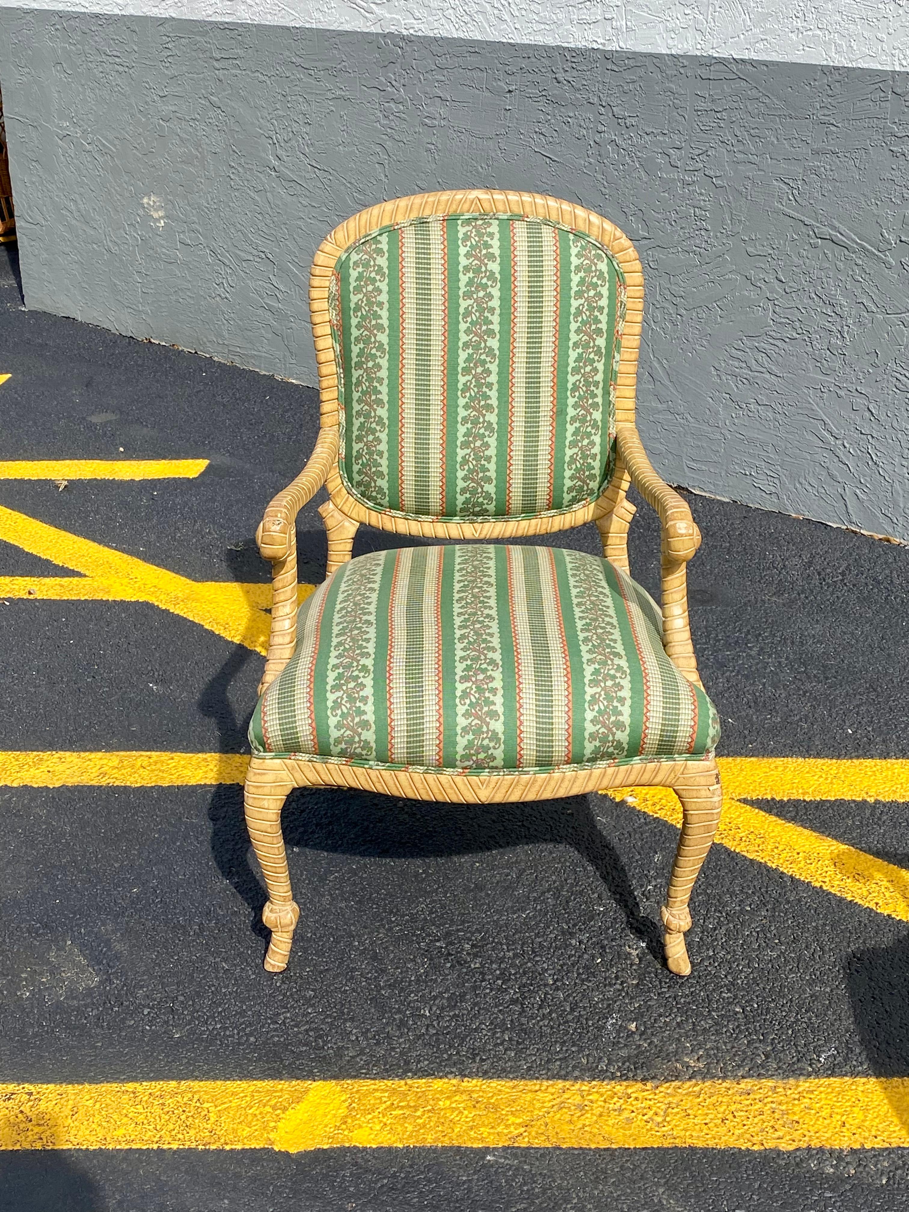 1980s Carved Wood Rope Green Bergere  Armchairs, Set of 2 For Sale 1