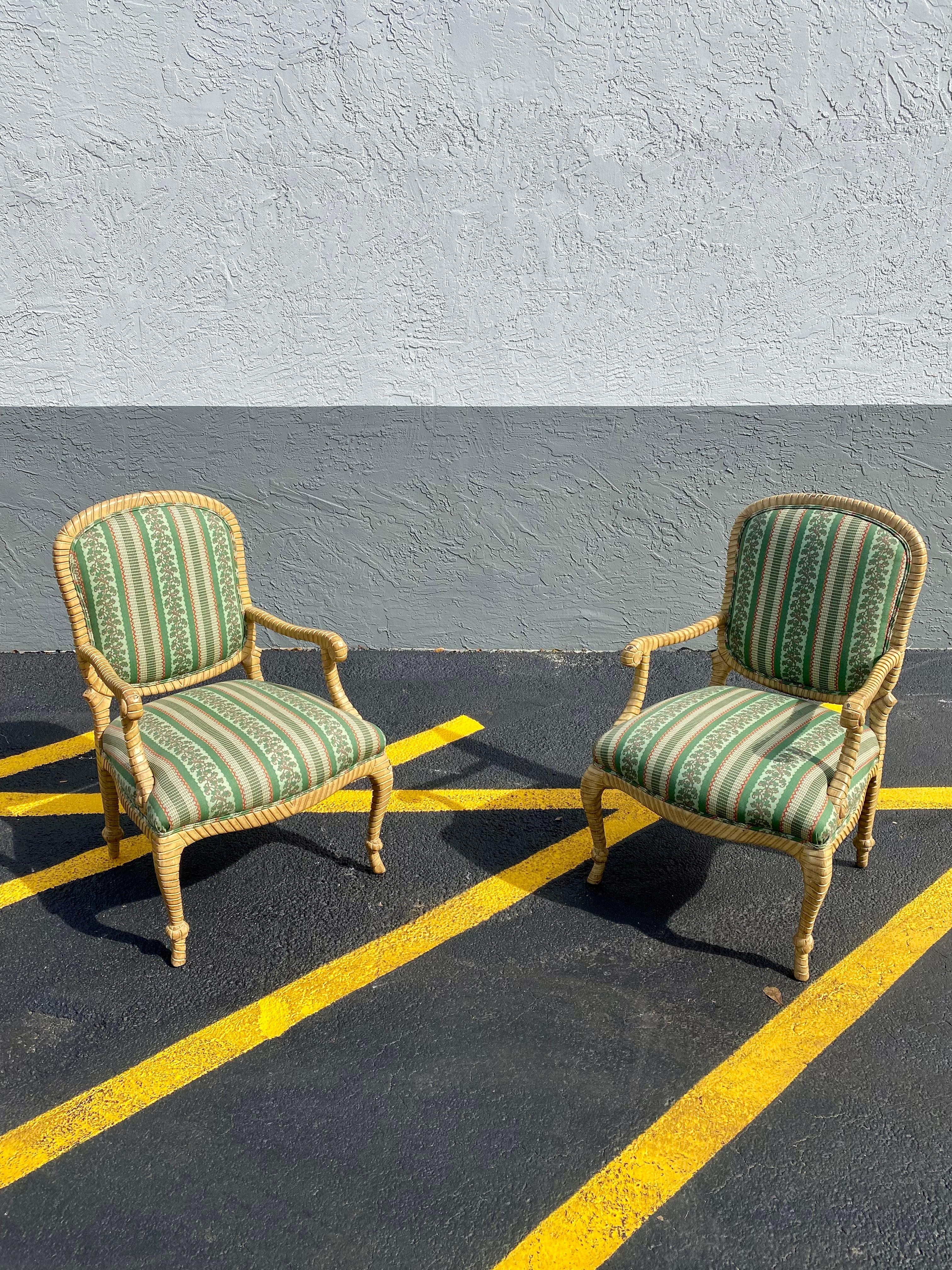 1980s Carved Wood Rope Green Bergere  Armchairs, Set of 2 For Sale 2