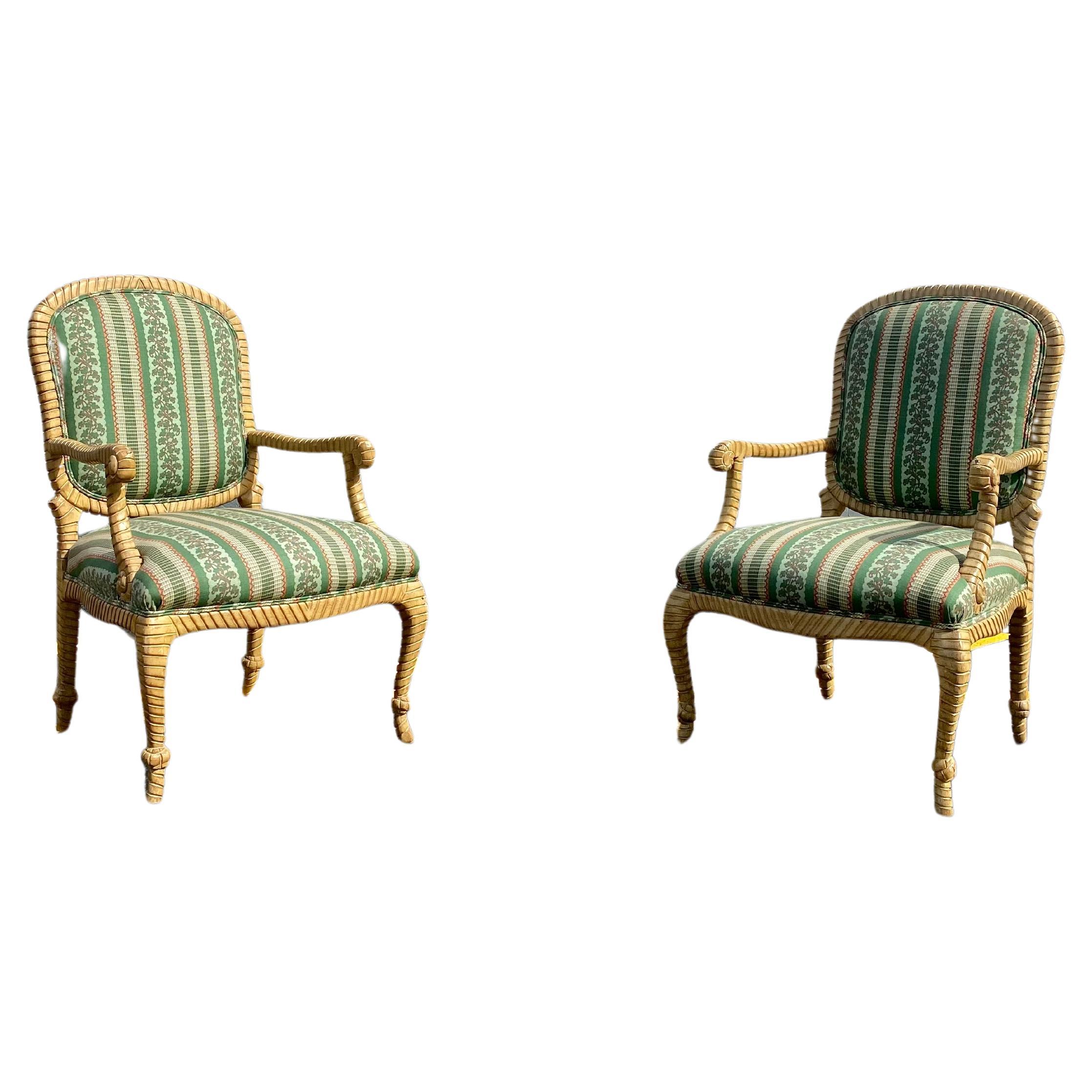 1980s Carved Wood Rope Green Bergere  Armchairs, Set of 2 For Sale