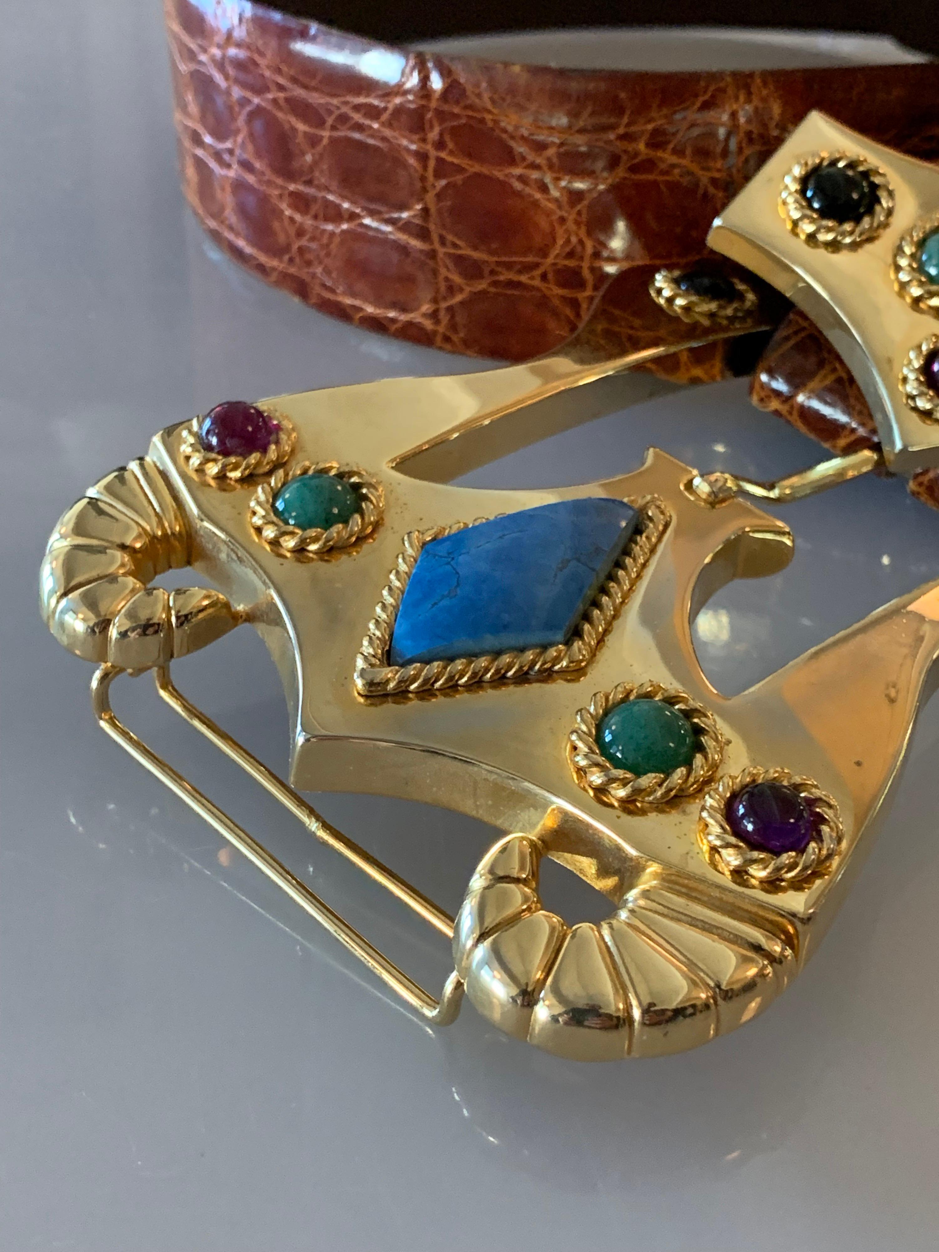1980s Caryn Suzann Genuine Alligator Belt Featuring A Massive Etruscan-Inspired Gold Tone Buckle With Semi-Precious Stones.