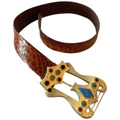 1980s Caryn Suzann Genuine Gator Belt W/ Etruscan-Inspired Semi-Precious Buckle
