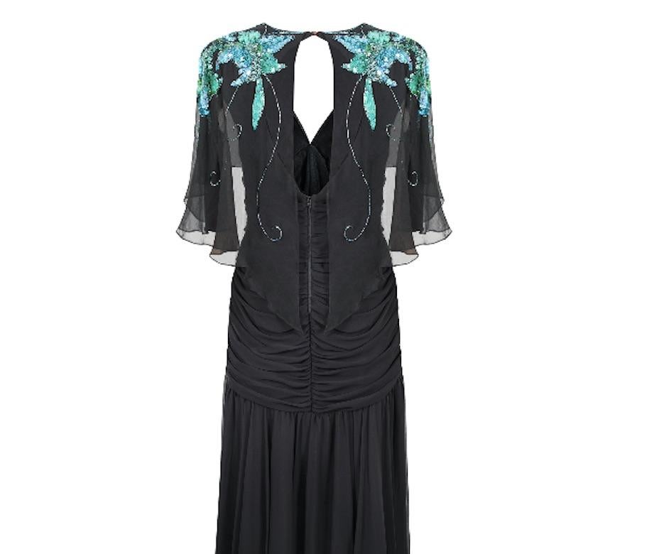 1980s Casadei Black Ruched Turquoise Sequinned Dress with Cape In Excellent Condition For Sale In London, GB