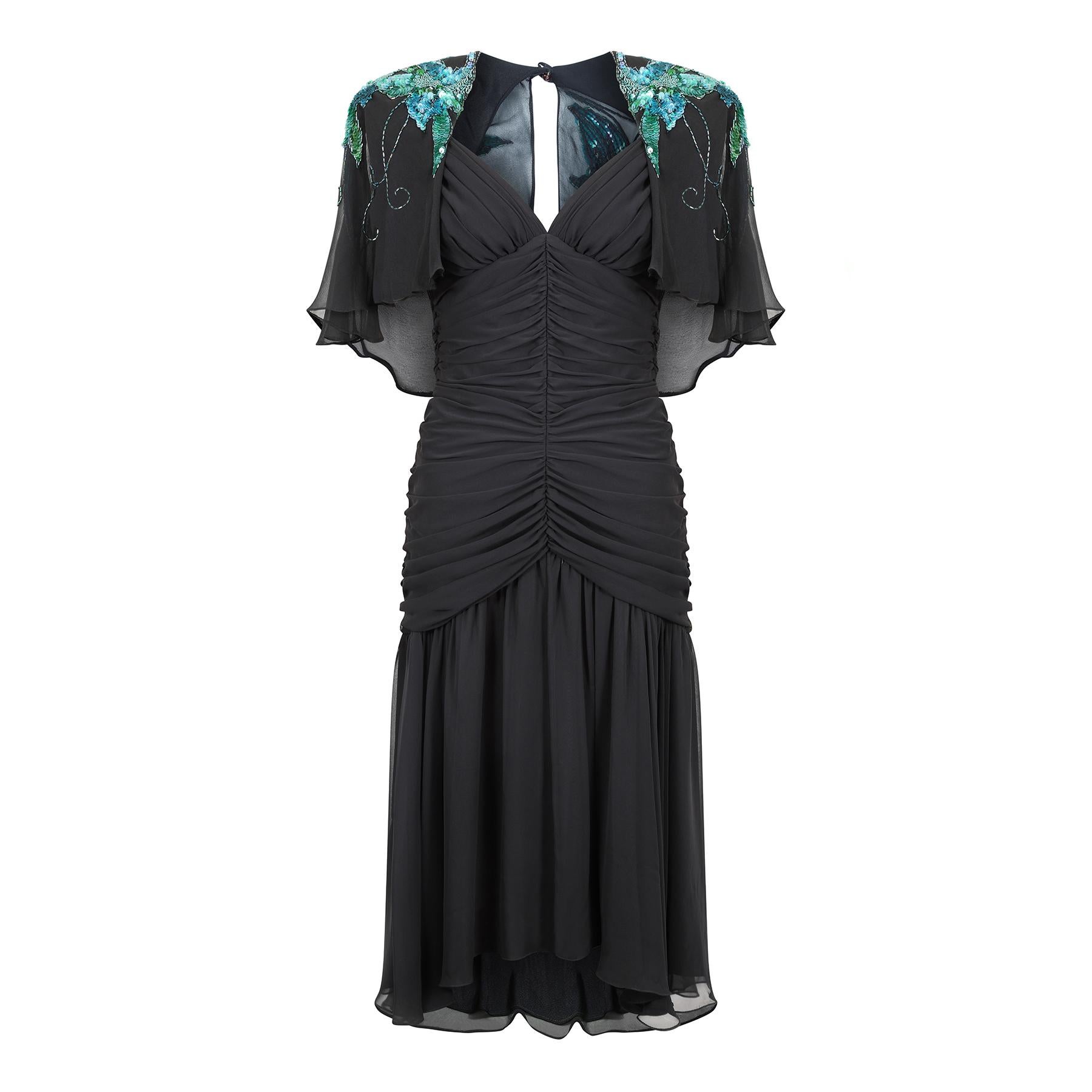 1980s Casadei Black Ruched Turquoise Sequinned Dress with Cape For Sale