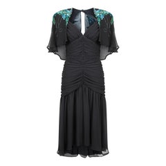 Vintage 1980s Casadei Black Ruched Turquoise Sequinned Dress with Cape