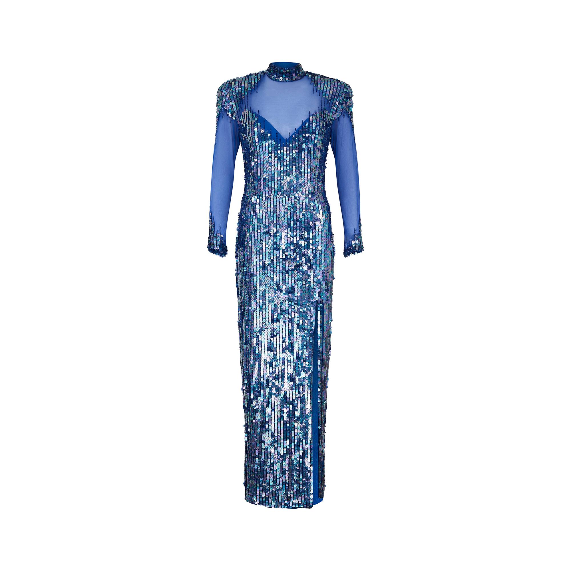 1980s blue sequinned maxi gown by Casadei, a heritage Italian shoe brand that also briefly forayed into luxury fashion during the 80s and 90s.  These collections were retailed in the best US department stores of the day and designs featured in both