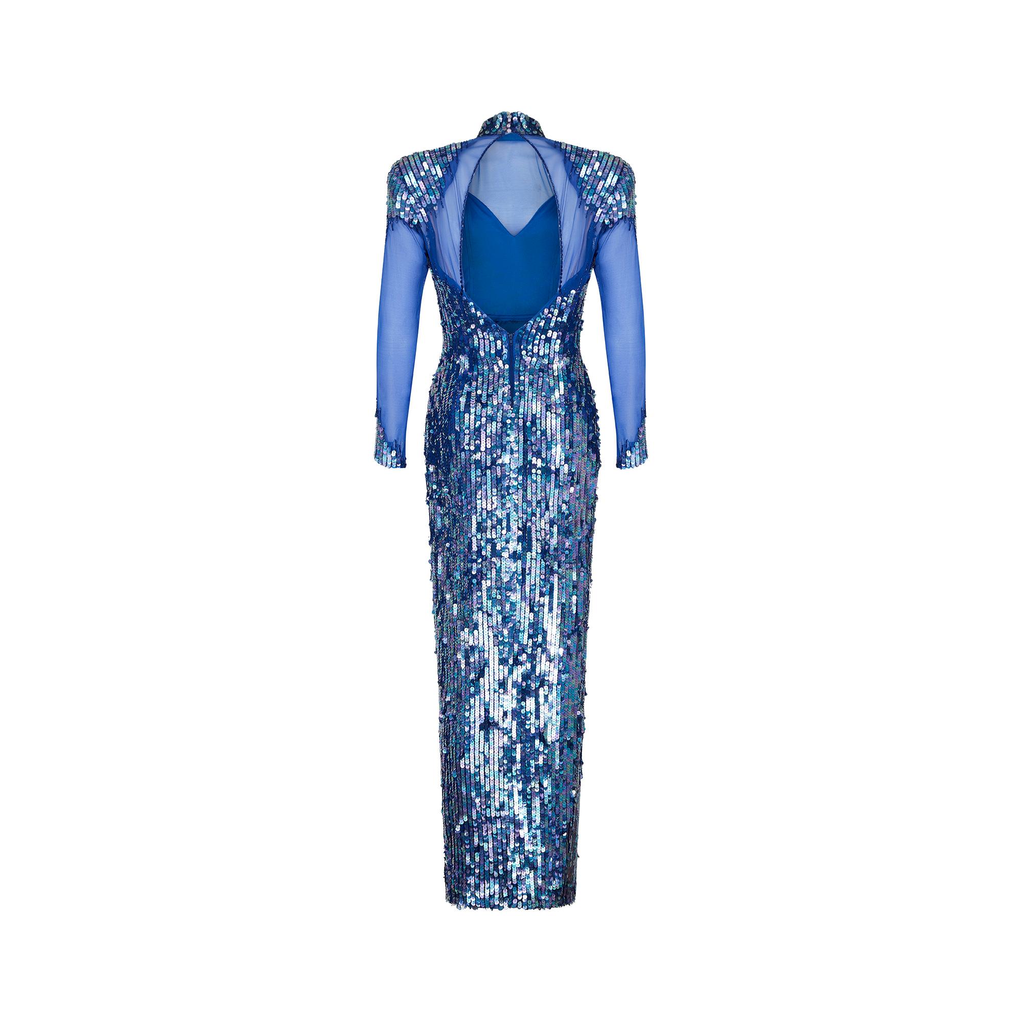 Women's 1980s Casadei Blue Sequined Maxi Dress For Sale
