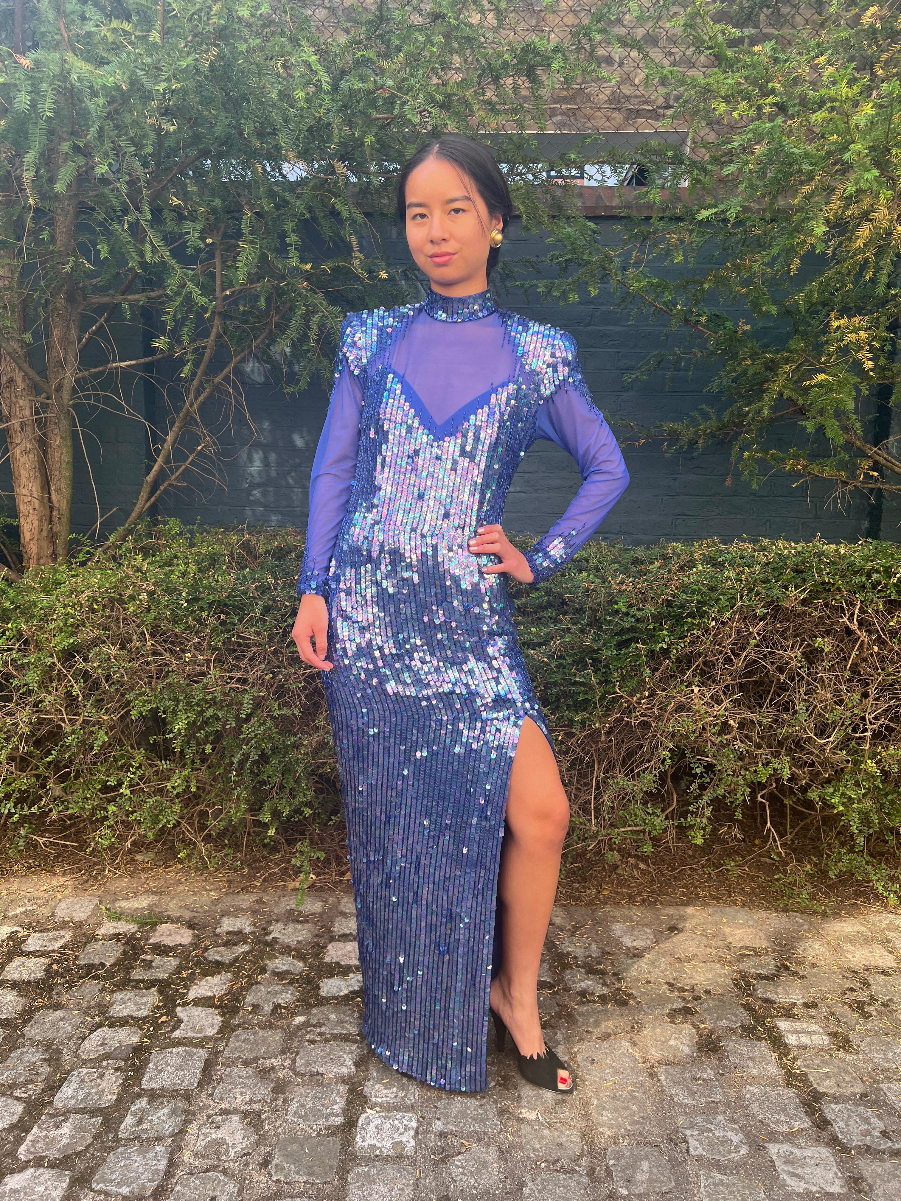 1980s Casadei Blue Sequined Maxi Dress For Sale 3