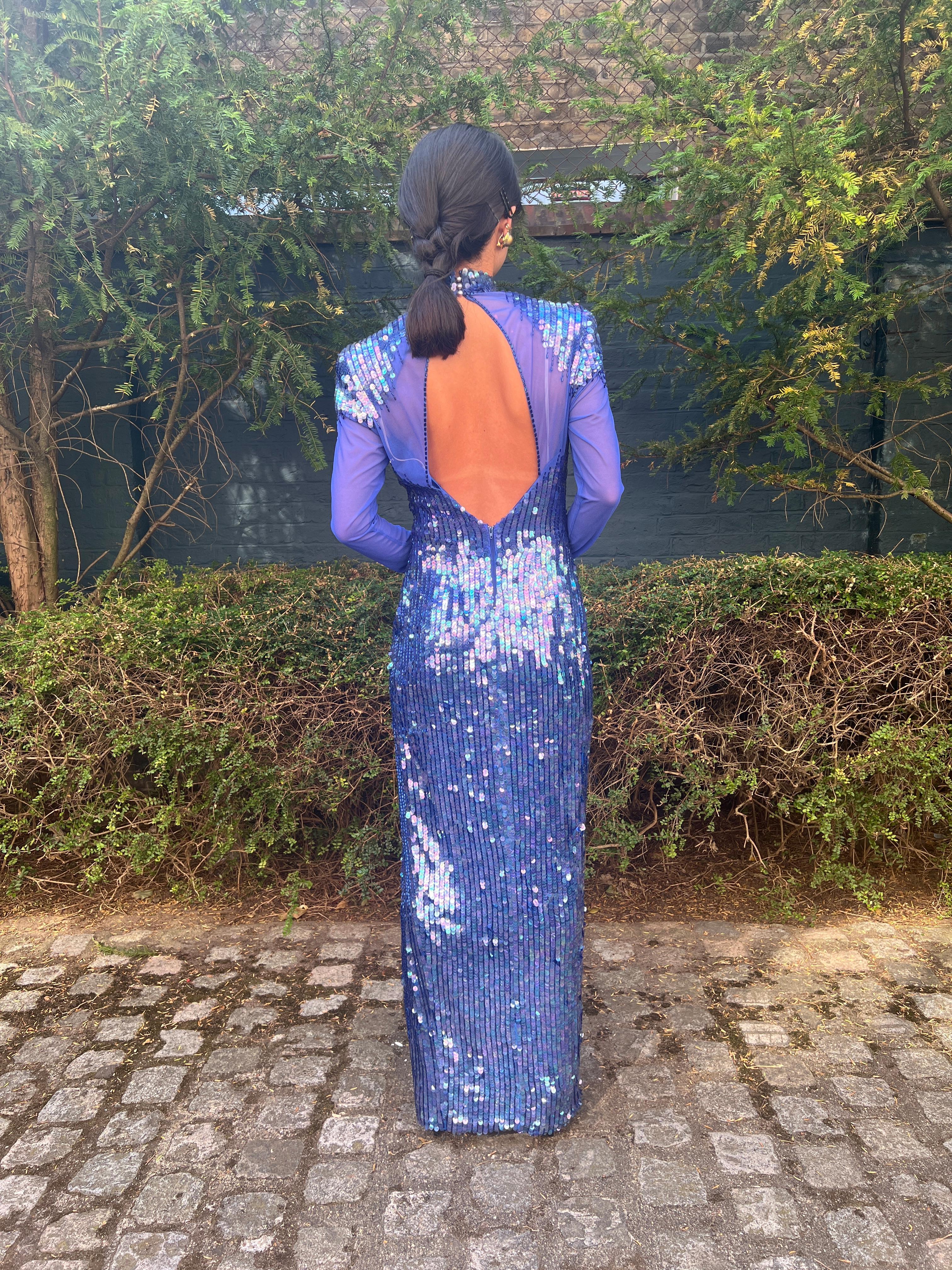 1980s Casadei Blue Sequined Maxi Dress For Sale 4