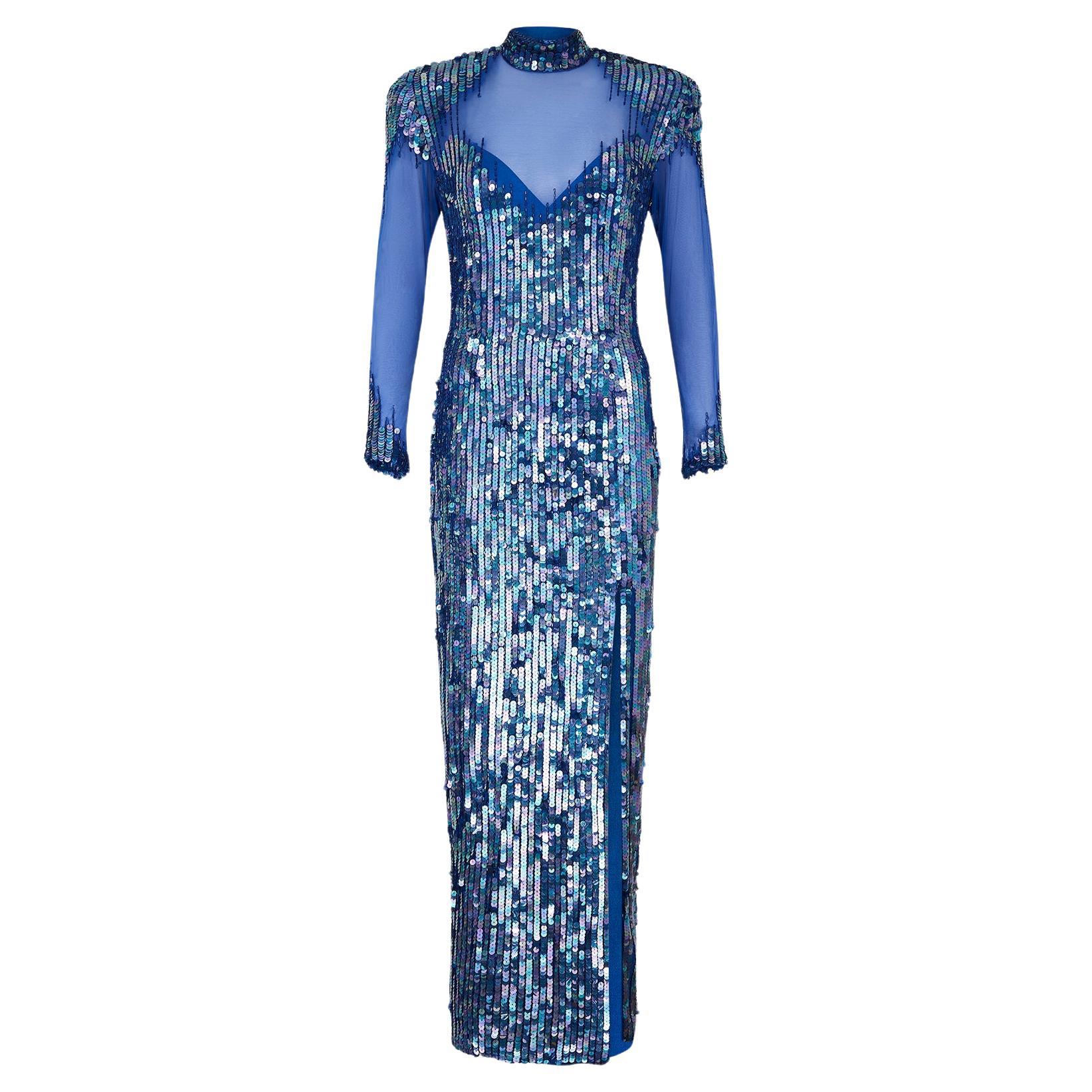 1980s Casadei Blue Sequined Maxi Dress For Sale