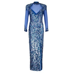 1980s Casadei Blue Sequined Maxi Dress
