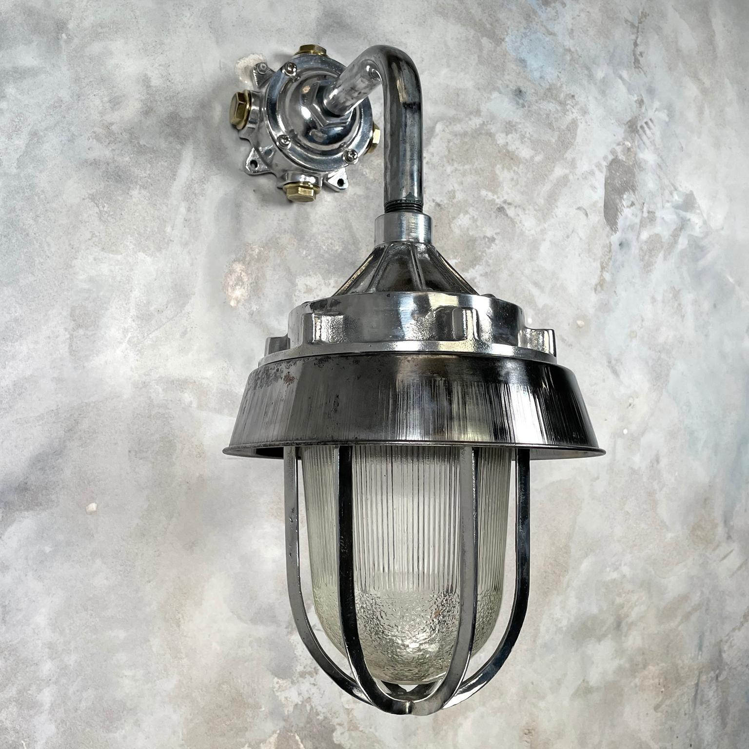 Late 20th Century 1980's Cast Aluminium Cantilever Wall Lamp Reeded Glass, Steel Shade & Cage