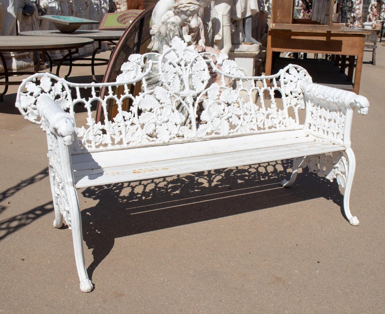 1980s Cast Aluminium Solid Metal White Garden Bench with Grapes Flower