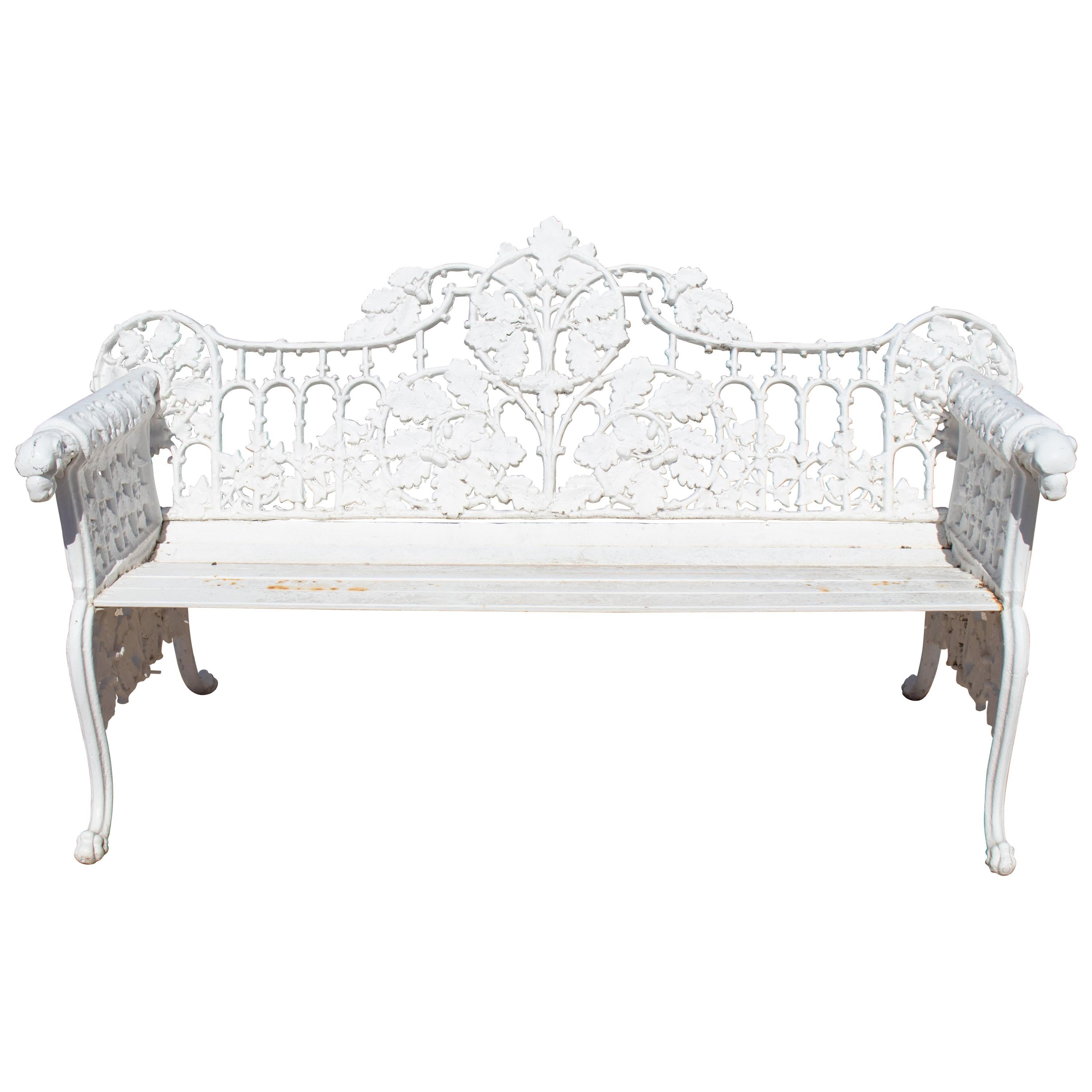 1980s Cast Aluminium Solid Metal White Garden Bench with Grapes Flower Garlands
