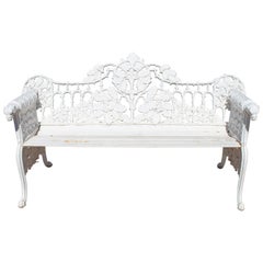 Vintage 1980s Cast Aluminium Solid Metal White Garden Bench with Grapes Flower Garlands