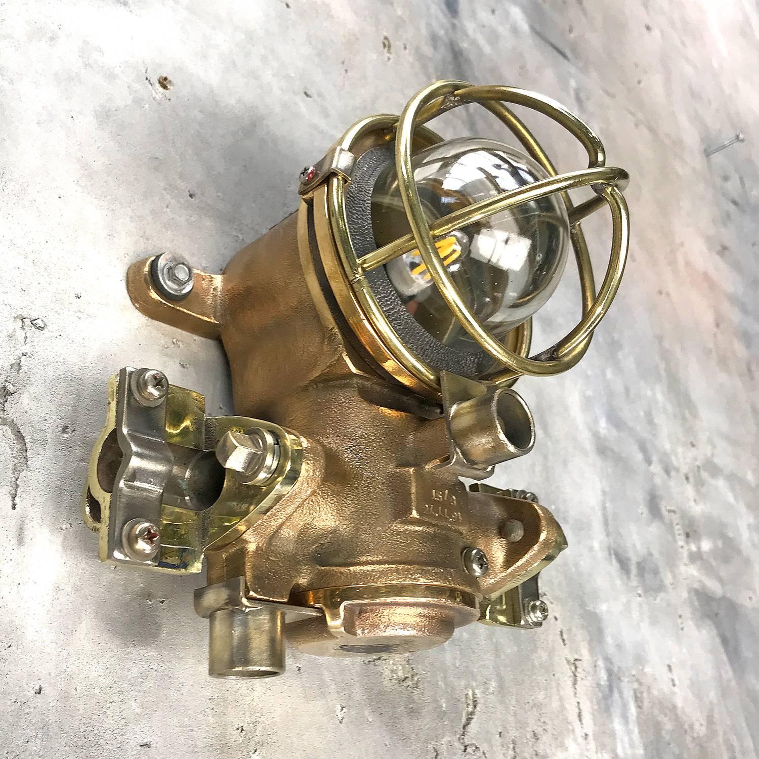1980s Cast Bronze Flame Proof Water Tight Wall Light, Glass Dome Brass Cage E12 7