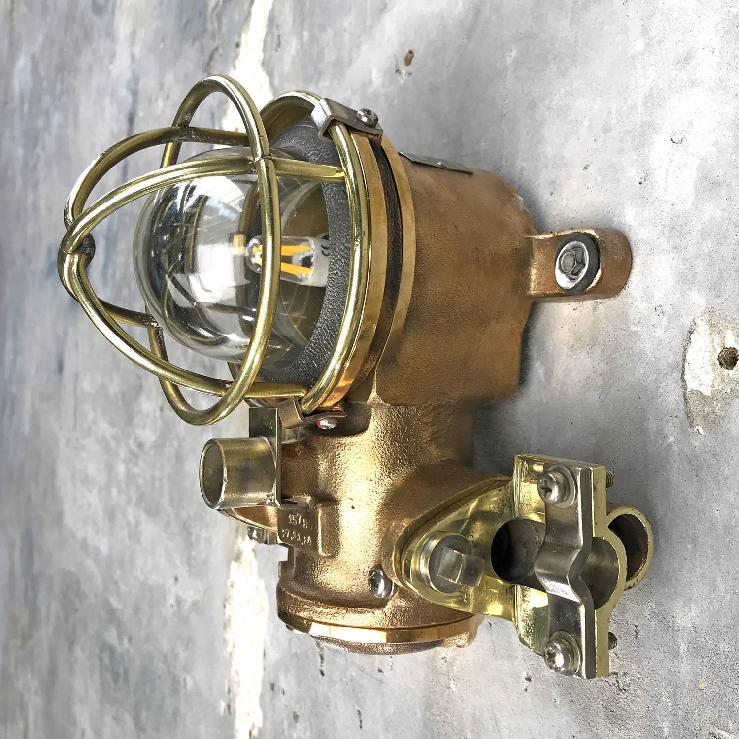 1980s Cast Bronze Flame Proof Water Tight Wall Light, Glass Dome Brass Cage E12 8