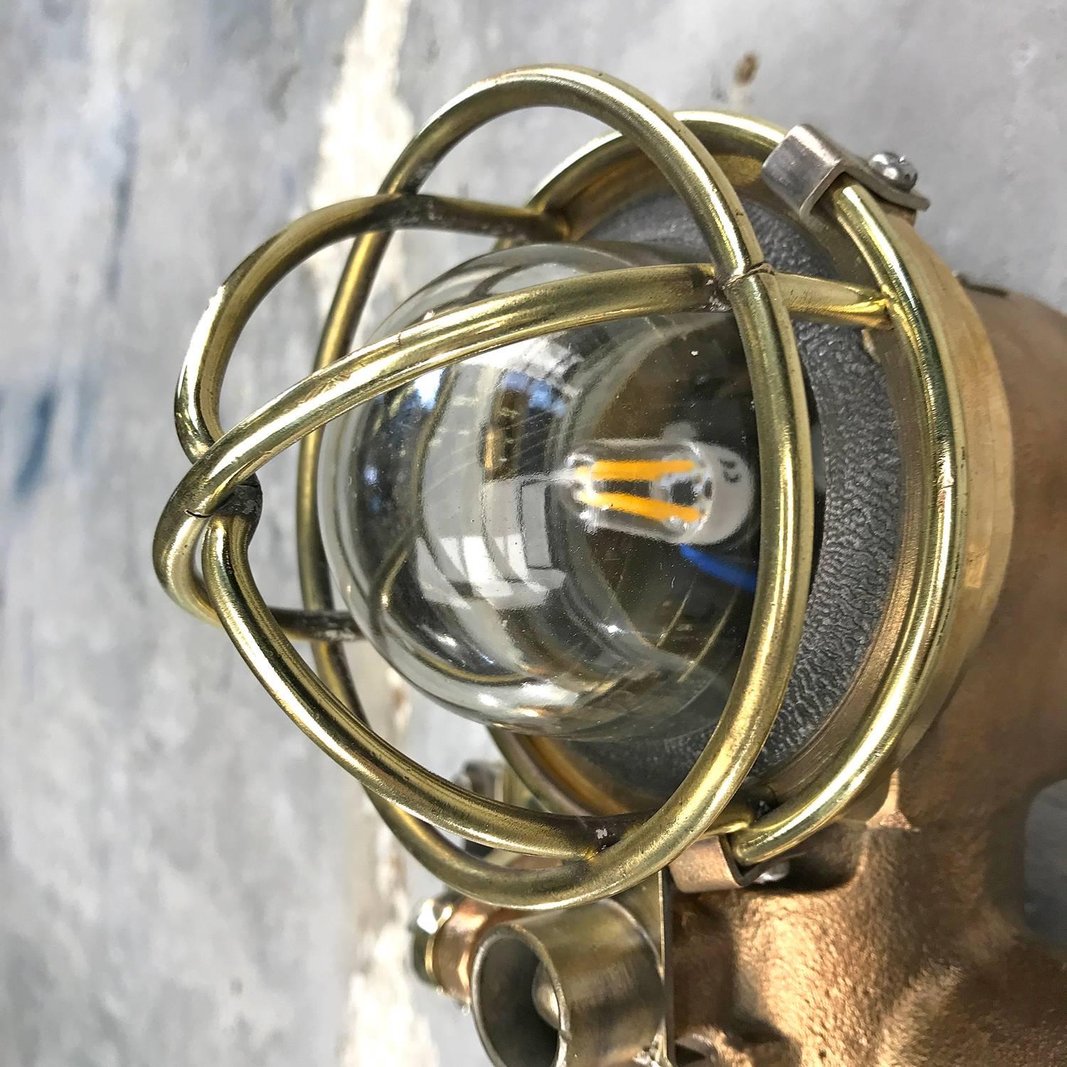 1980s Cast Bronze Flame Proof Water Tight Wall Light, Glass Dome Brass Cage E12 9
