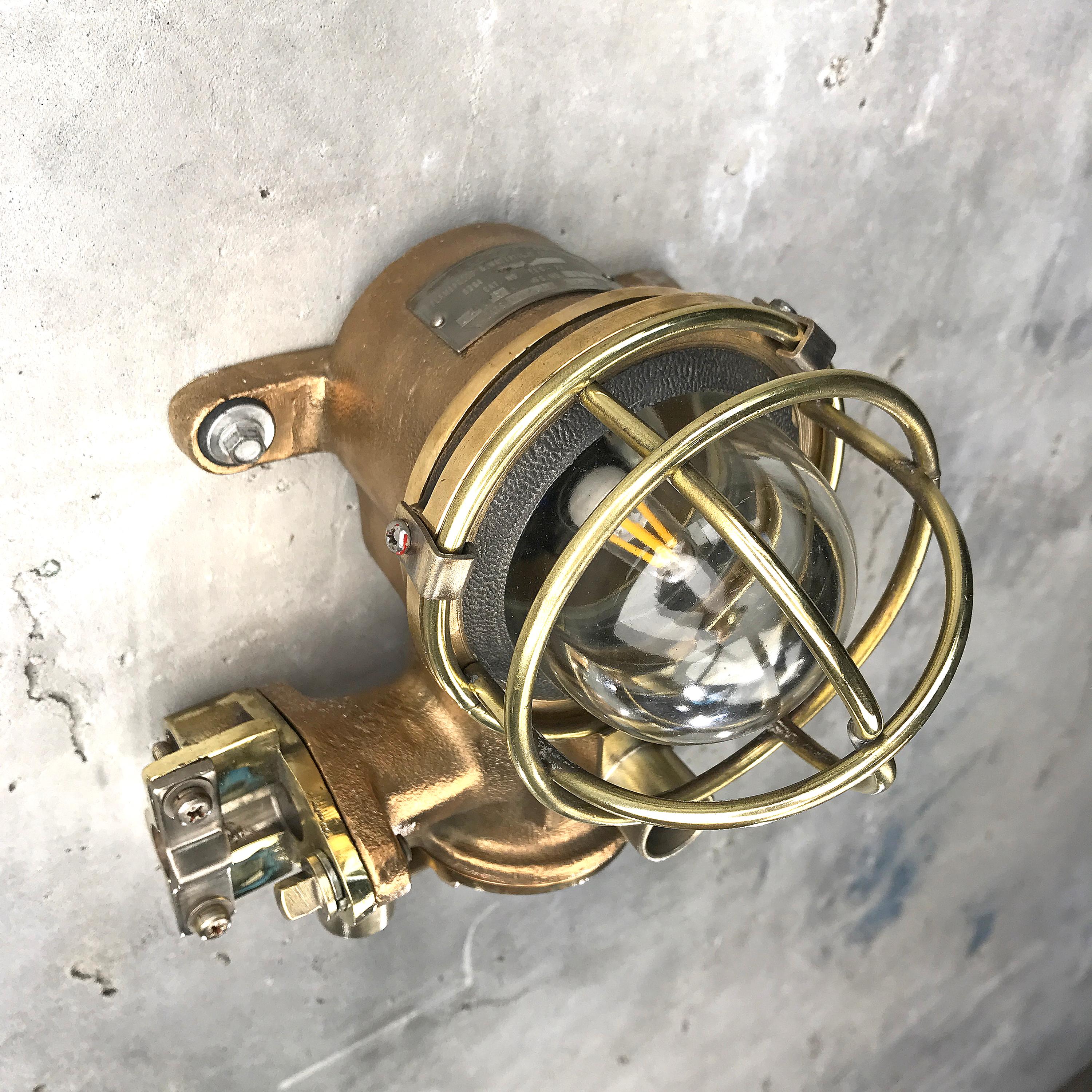 1980s Cast Bronze Flame Proof Water Tight Wall Light, Glass Dome Brass Cage E12 For Sale 9